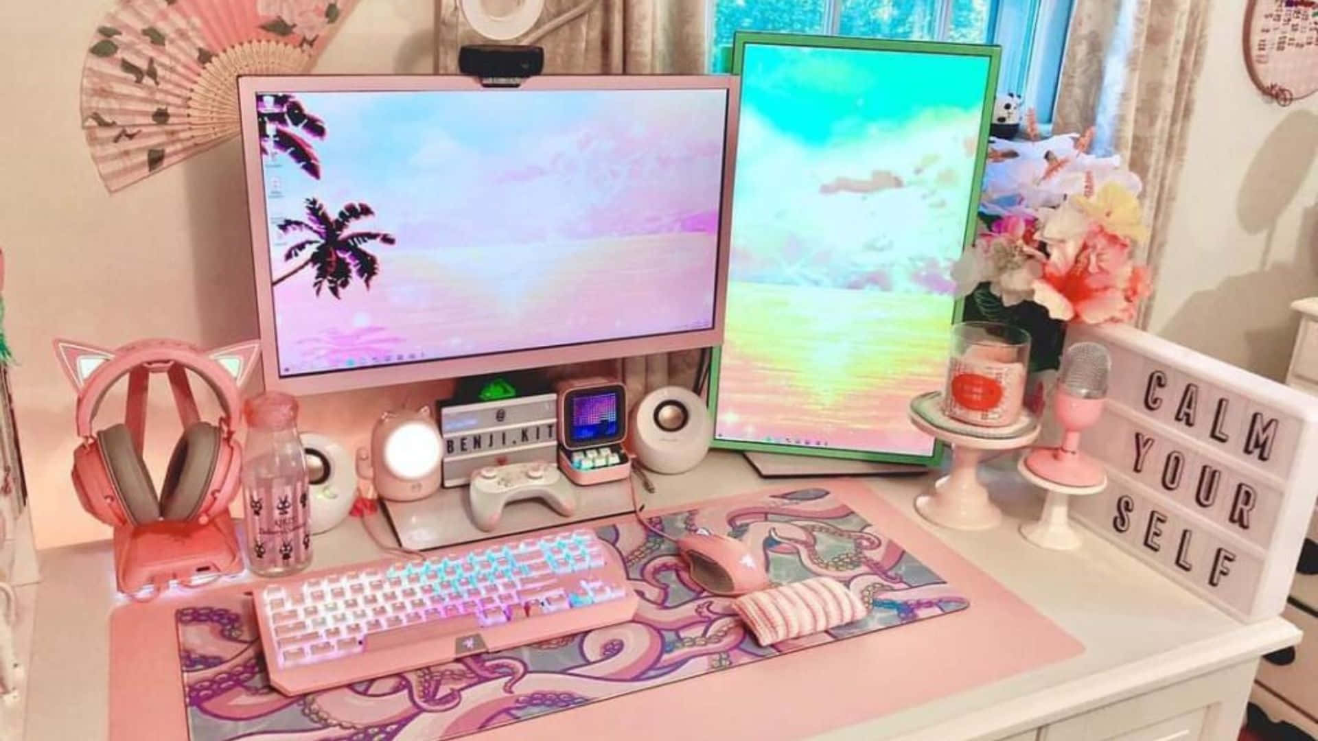 kawaii gaming, pastel pink, palm tree wallpaper, Full HD Desktop Wallpaper