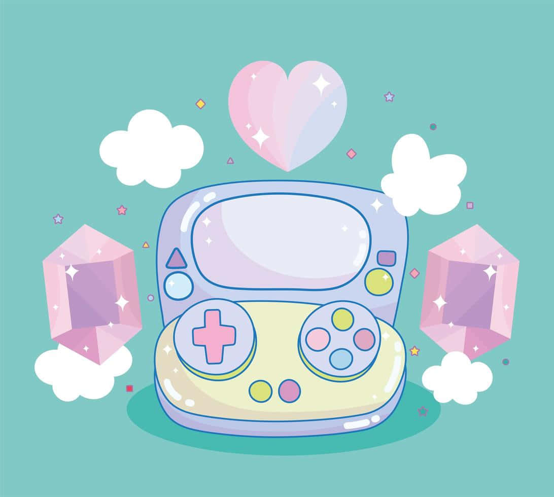 Kawaii Gaming, pastel-colored handheld game console, pink gems, SD Desktop Wallpaper