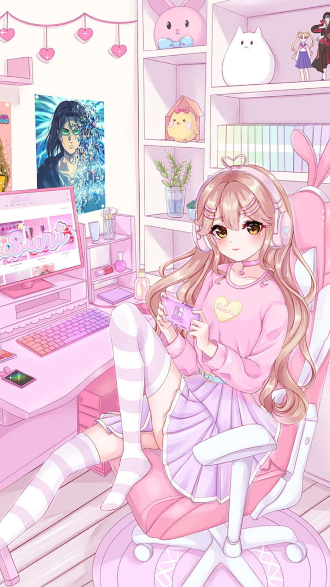 Kawaii Gaming, pastel pink room, pink gaming chair, Full HD Phone Wallpaper