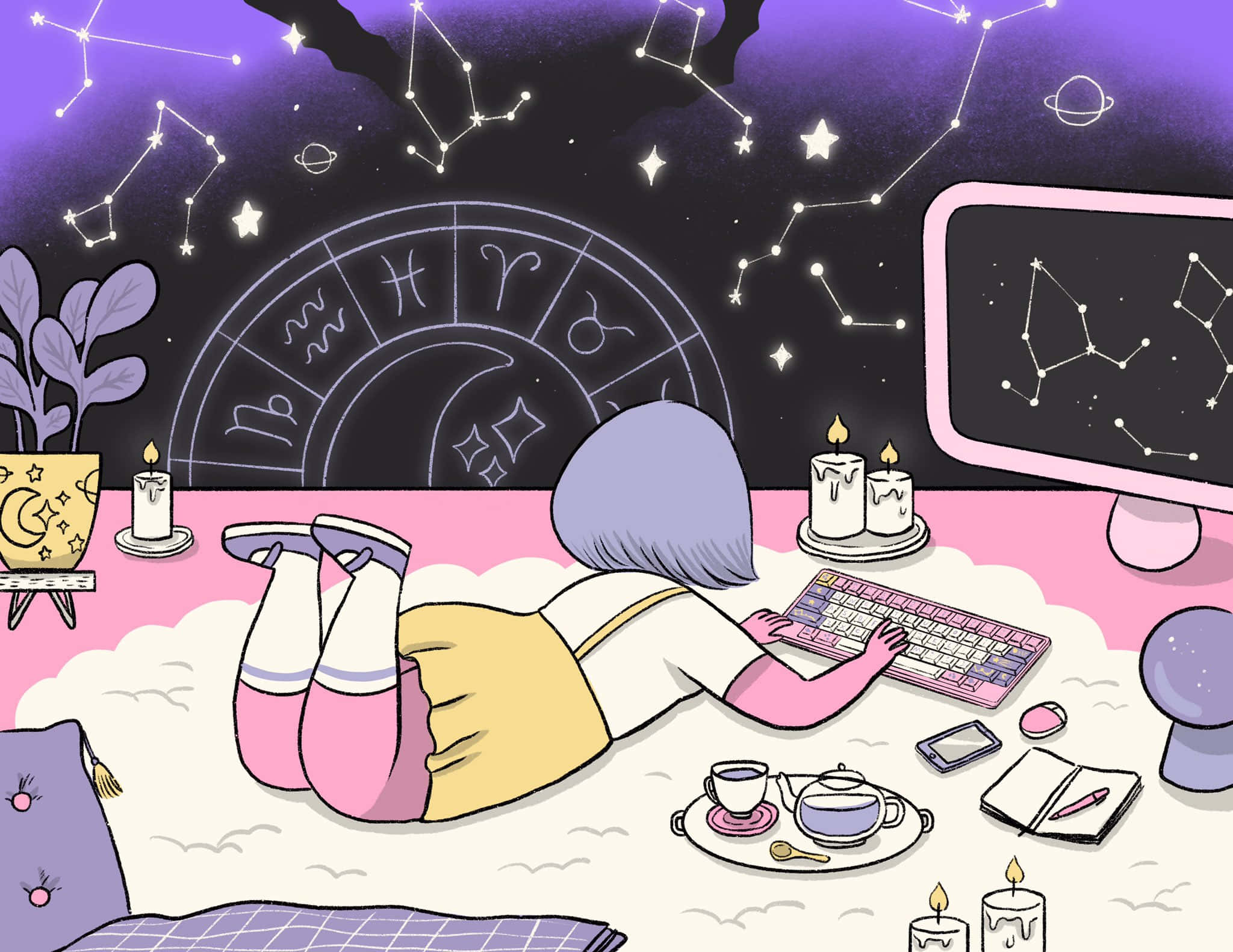 Kawaii Gaming, purple hair, cloud bed, Full HD Desktop Wallpaper