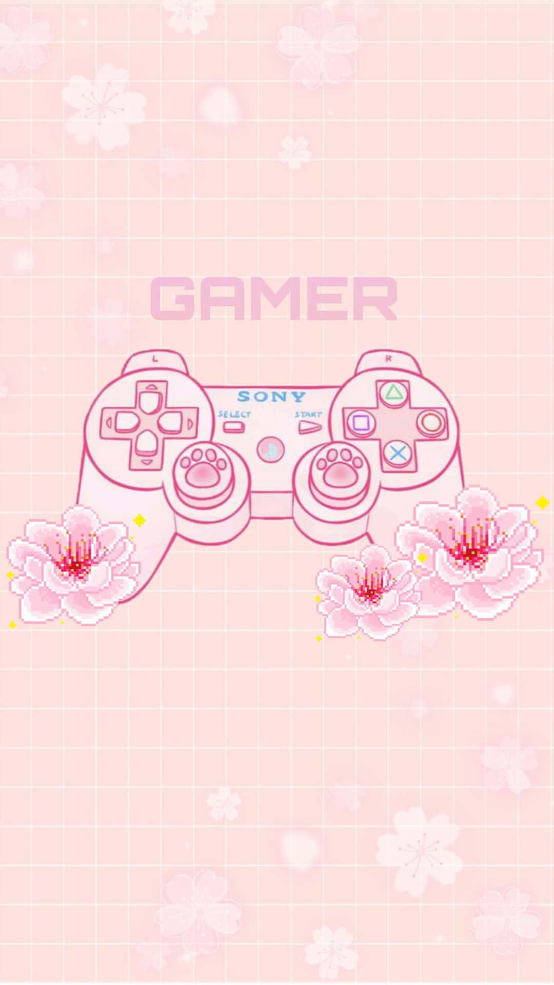 Sony game controller, magenta outline, pixelated cherry blossoms, Full HD Phone Wallpaper