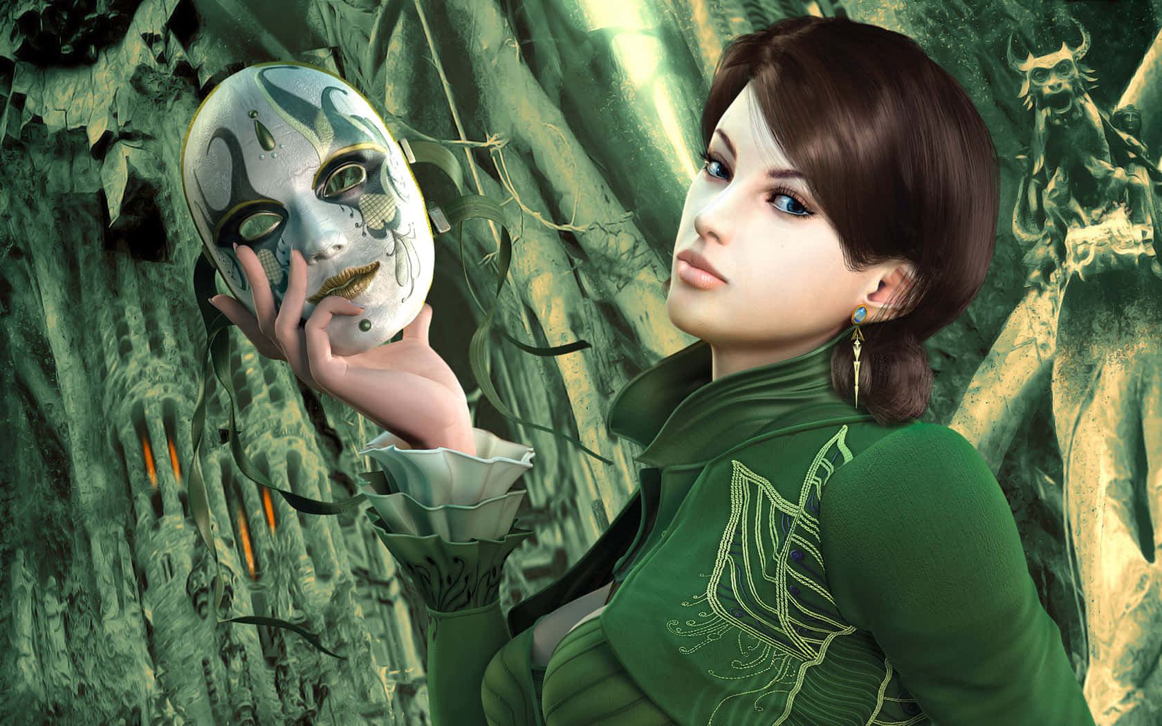 Kawaii Gaming Girl, green, ornate mask, HD Desktop Wallpaper