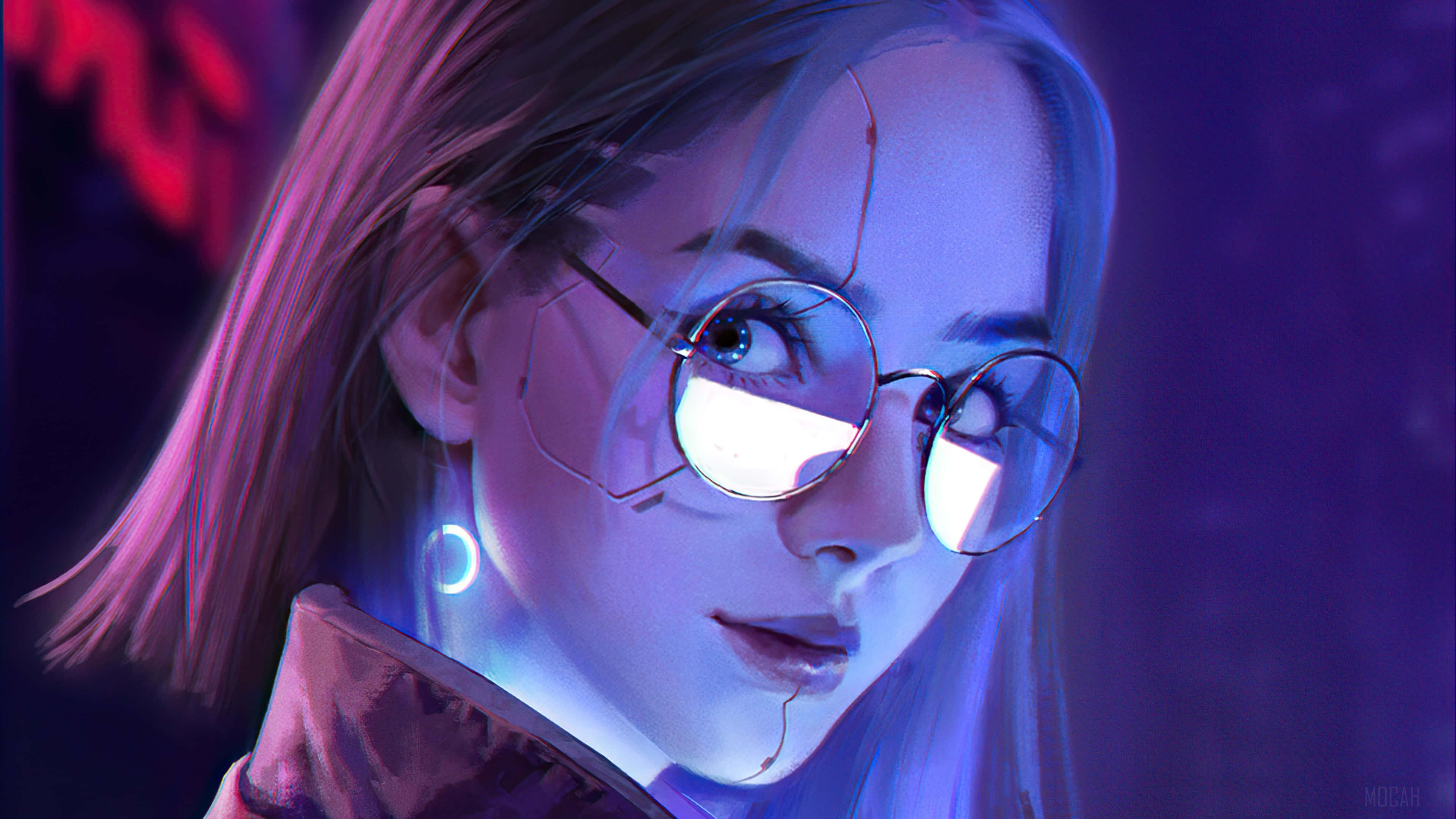 kawaii gaming girl, cyberpunk girl, round glasses, 4K Desktop Wallpaper