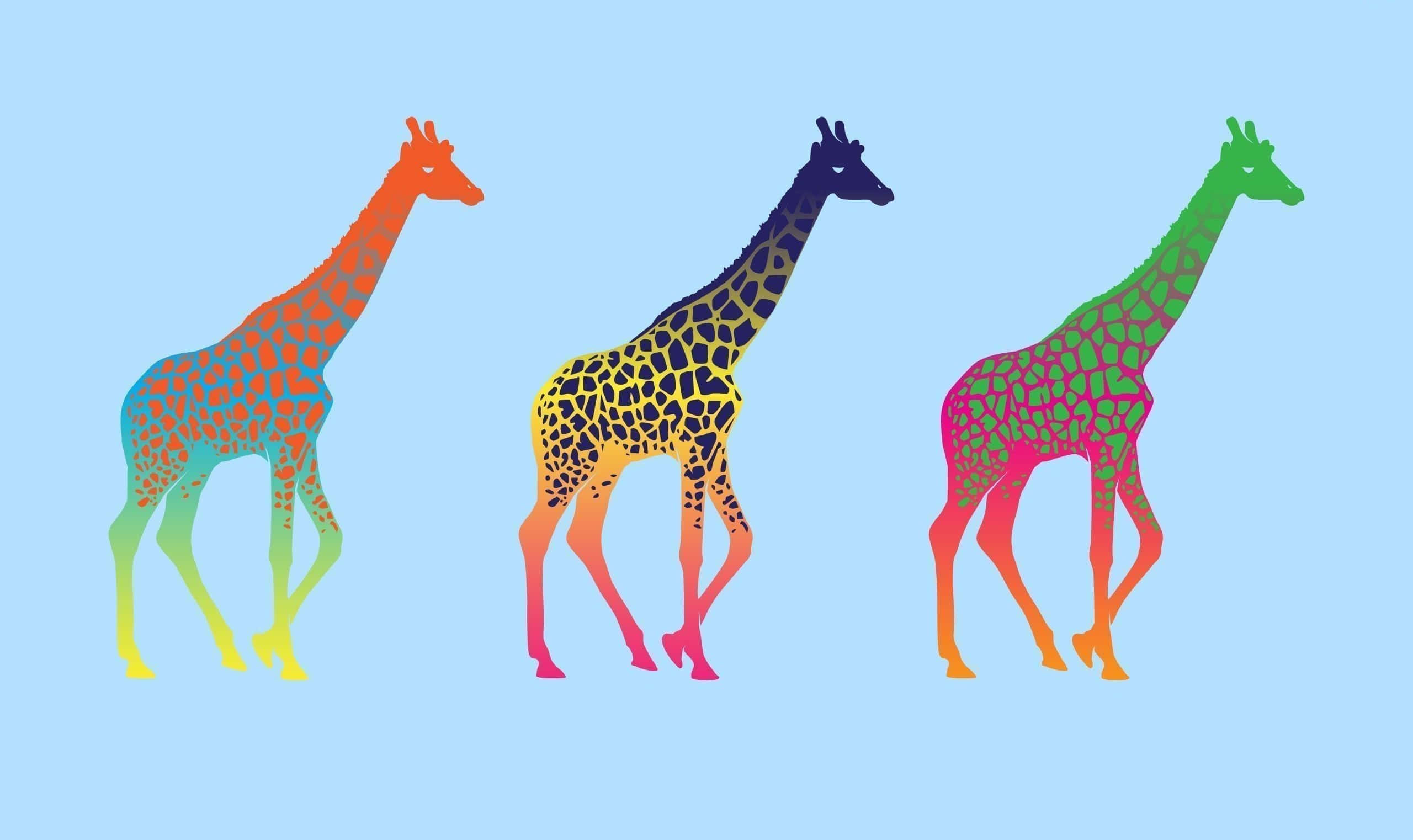 Kawaii Yellow Giraffe, vibrant rainbow gradients, soft blue background, 2K Desktop Wallpaper