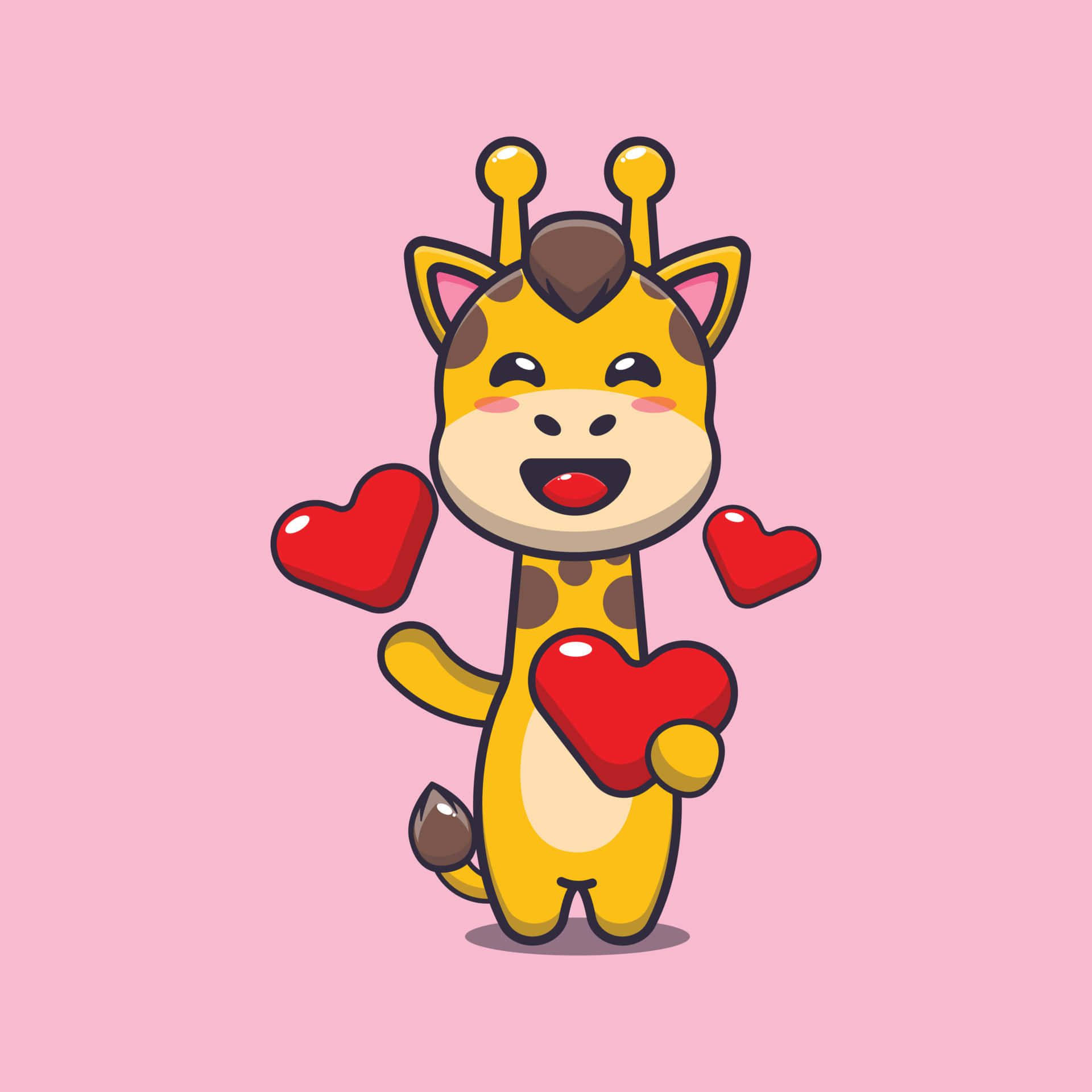 kawaii giraffe, brown spots, red hearts, Full HD Desktop Wallpaper