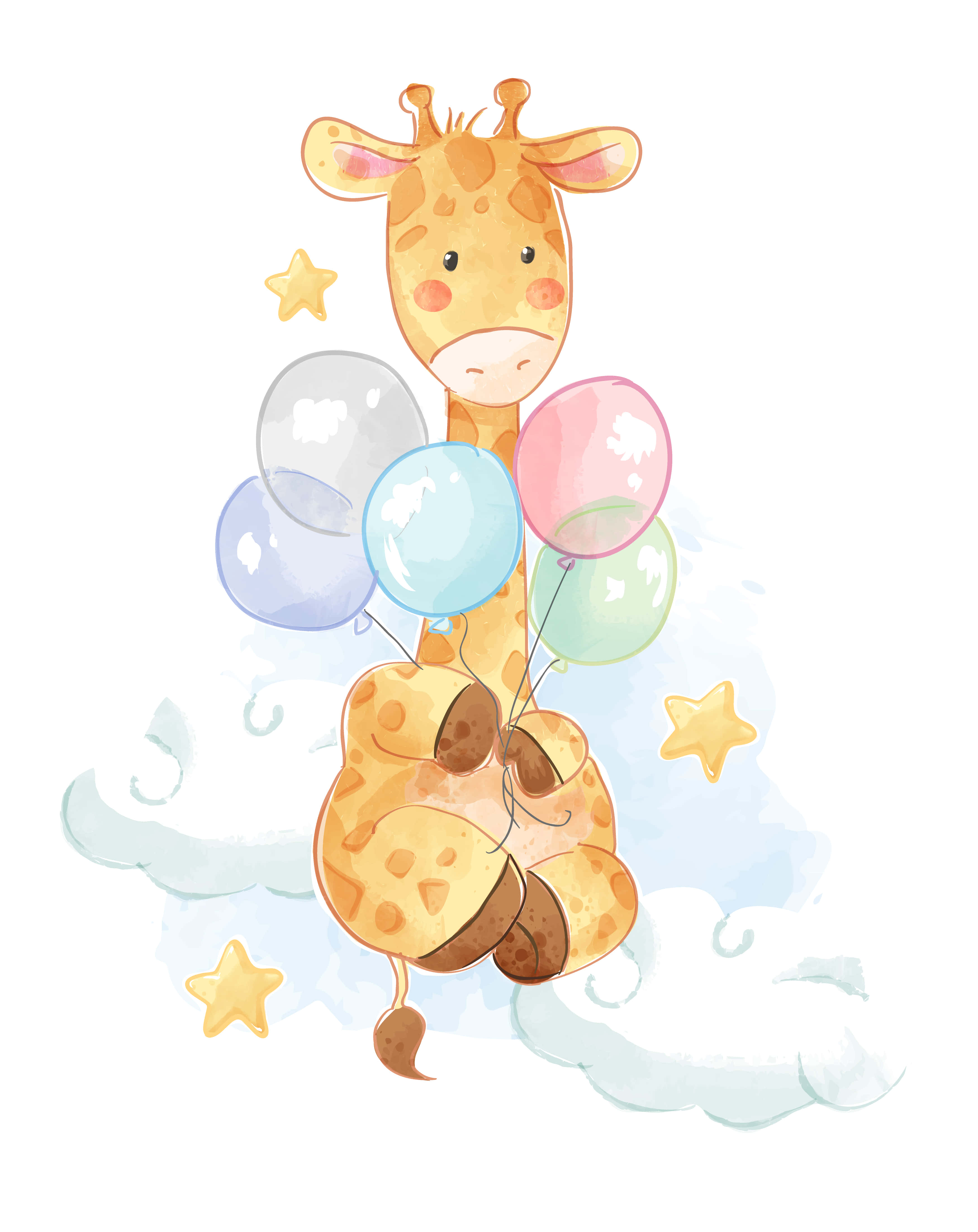 kawaii giraffe, watercolor giraffe, pastel balloons, 4K Phone Wallpaper