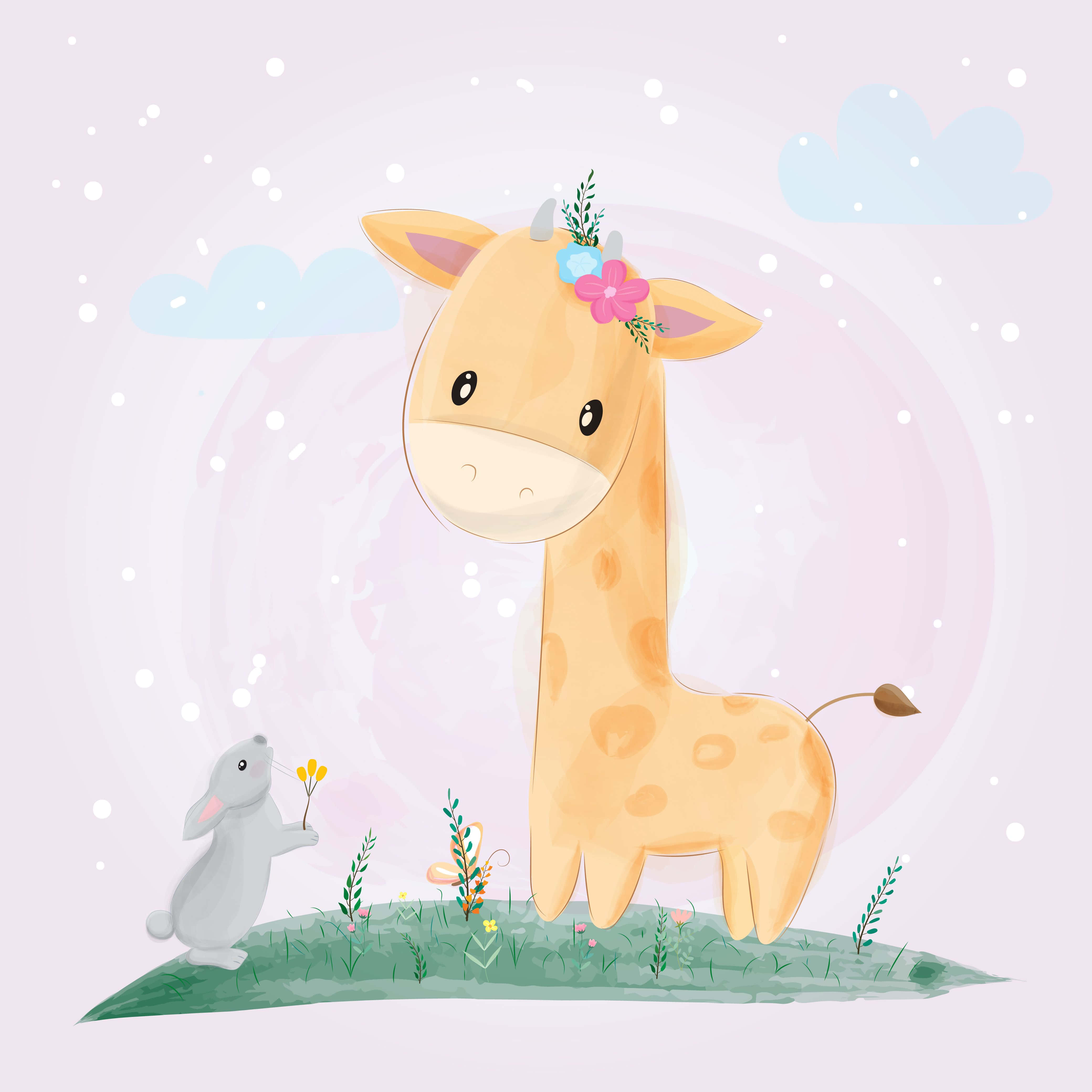 kawaii giraffe, flower crown, small rabbit, 4K Desktop Wallpaper