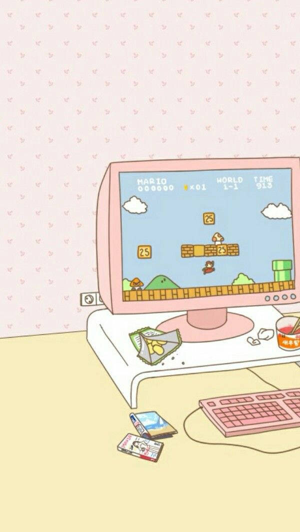 pastel pink retro computer, classic Mario game, game media, SD Phone Wallpaper