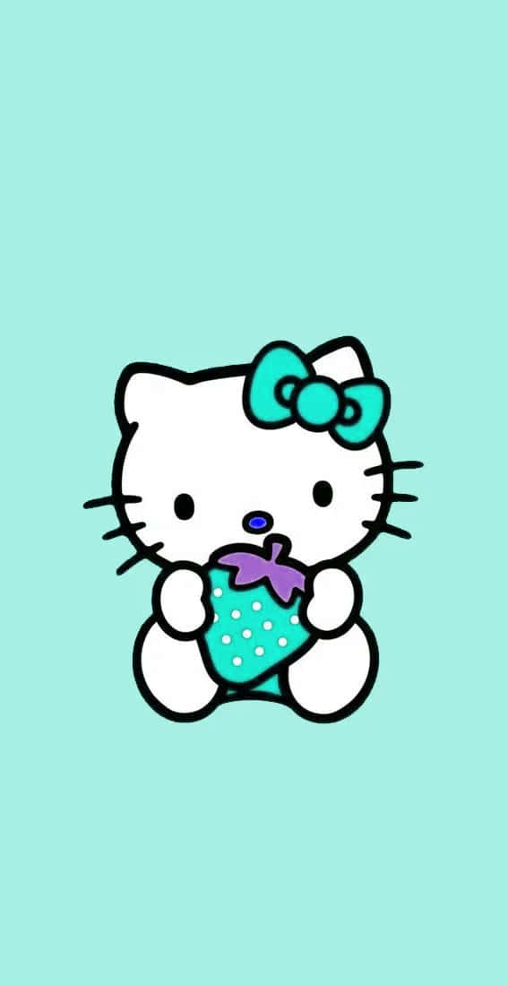 Kawaii Hello Kitty, teal bow, teal polka-dotted strawberry, SD Phone Wallpaper