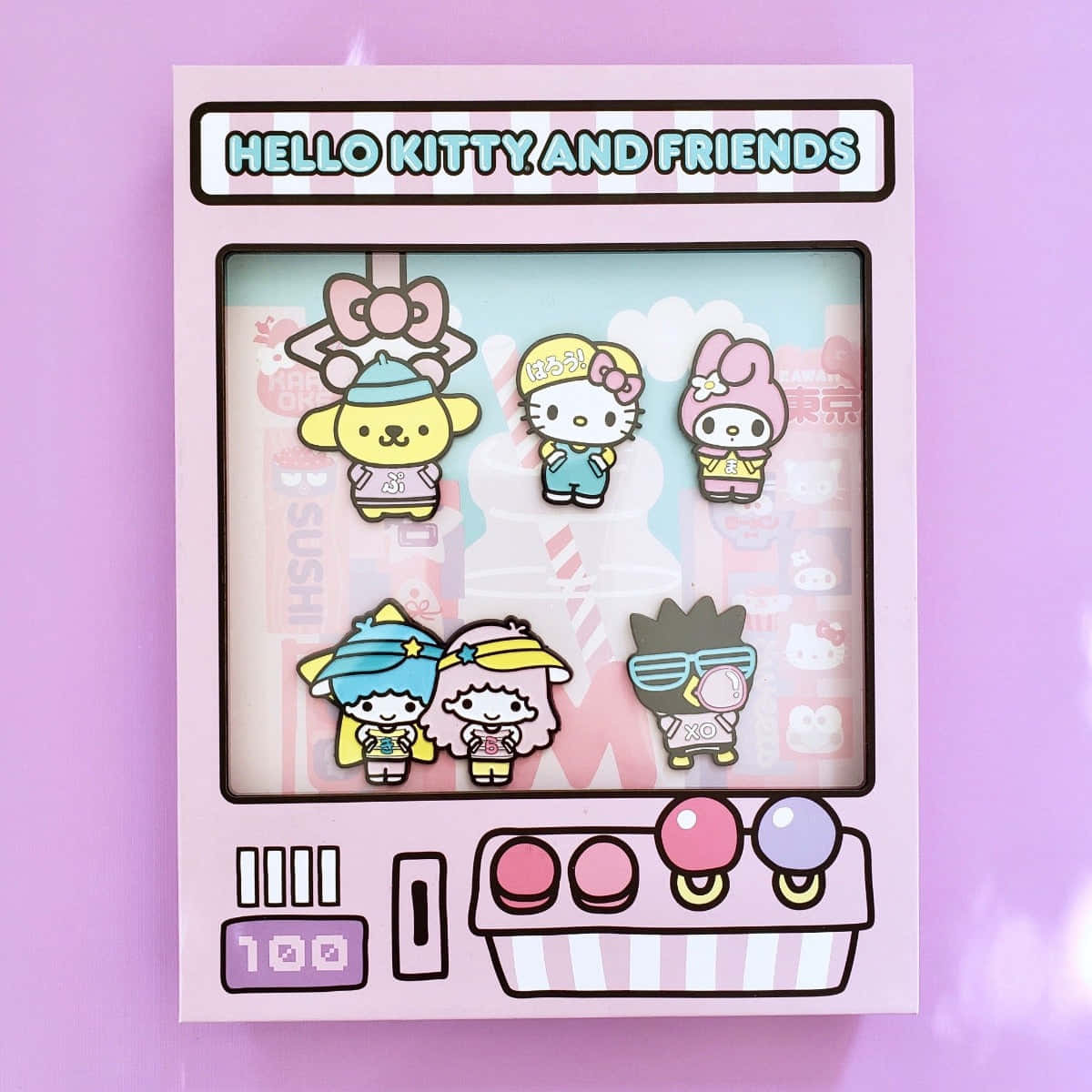 Hello Kitty, enamel pins, pastel purple background, SD Desktop Wallpaper