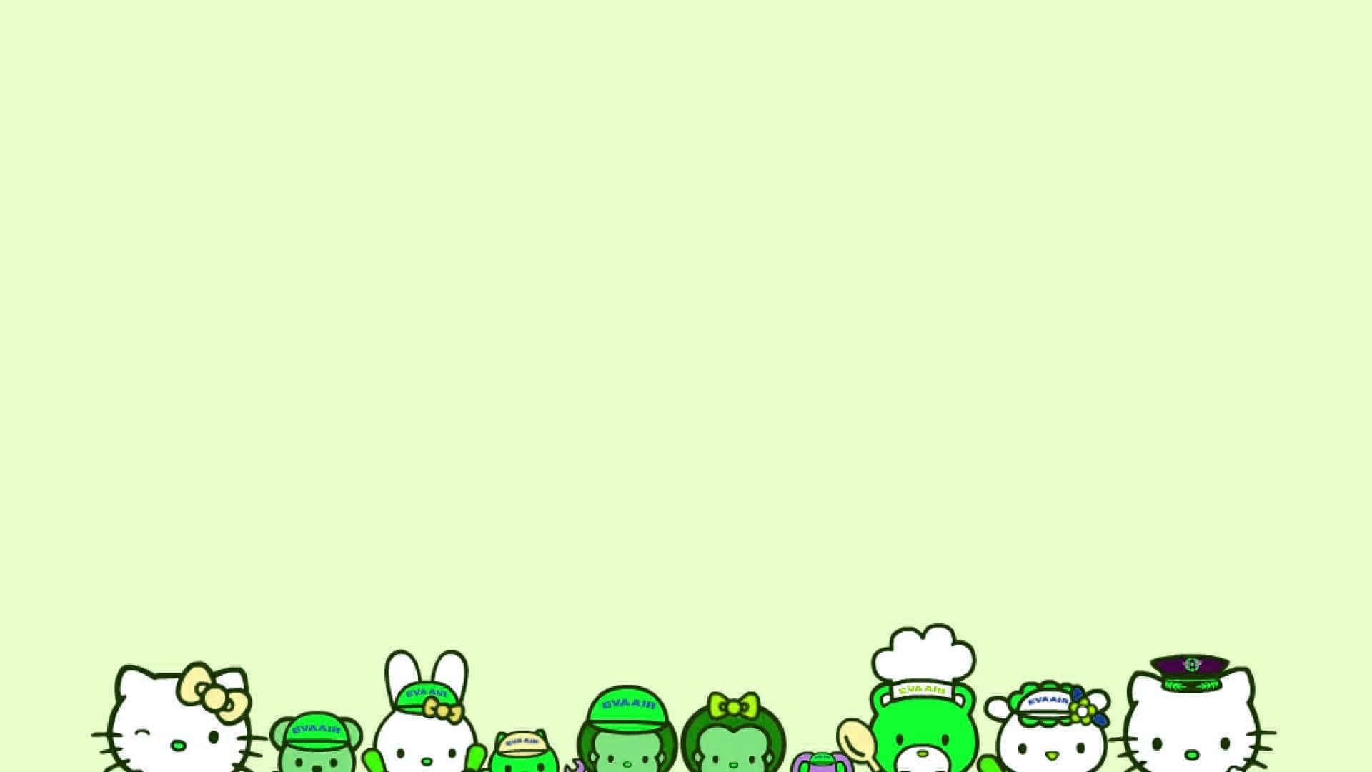 Kawaii Hello Kitty, green and white cartoon characters, hats, Full HD Desktop Wallpaper