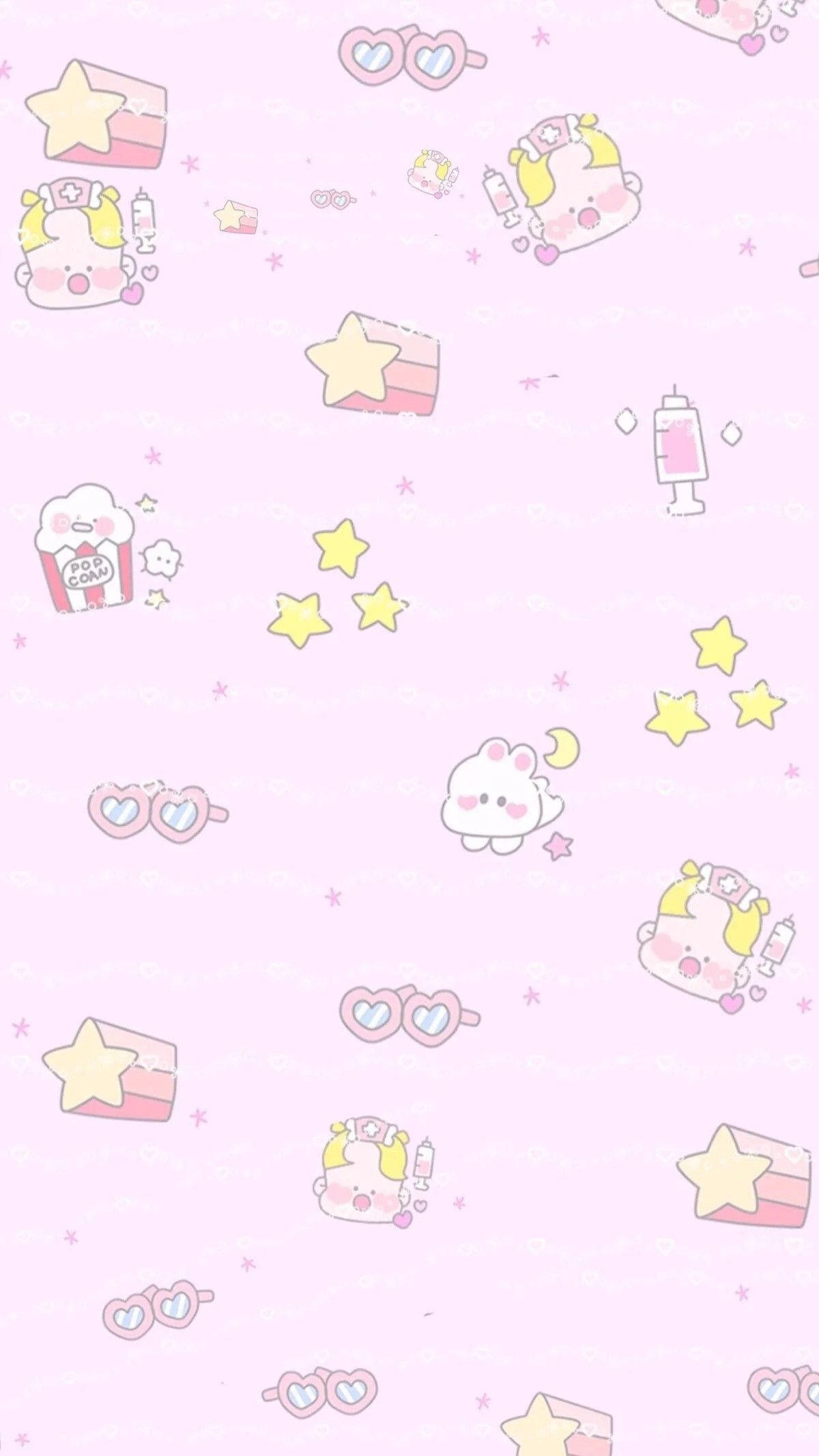 pastel pink, cute cartoon characters, stars, Full HD Phone Wallpaper