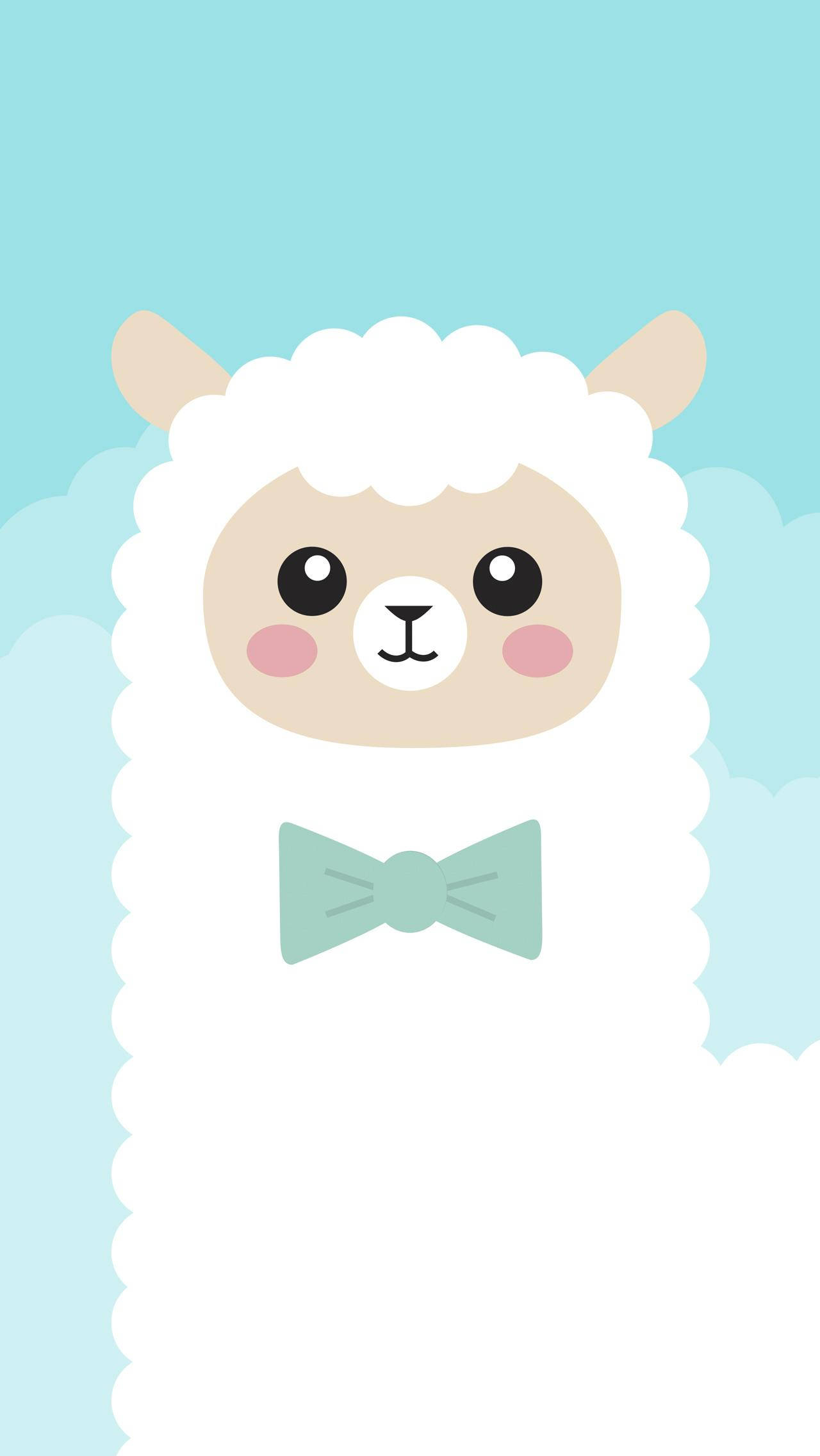 kawaii alpaca, mint bowtie, soft blue sky, Full HD Phone Wallpaper