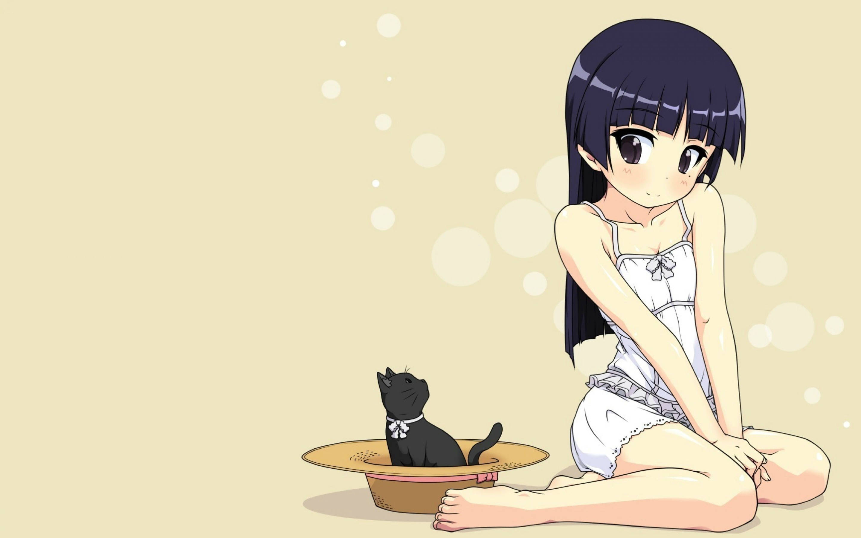 kawaii cat girl, white pajamas, black cat in a hat, 2K Desktop Wallpaper