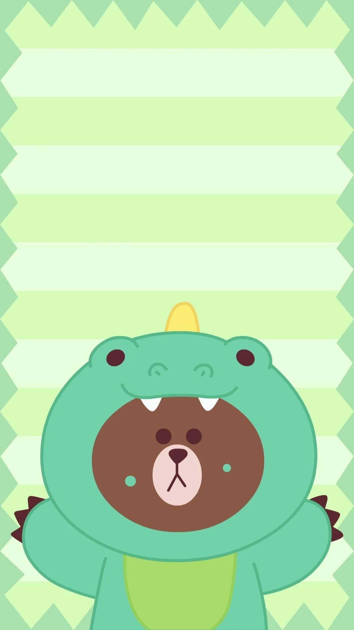 brown bear, green dinosaur costume, yellow horn, Full HD Phone Wallpaper