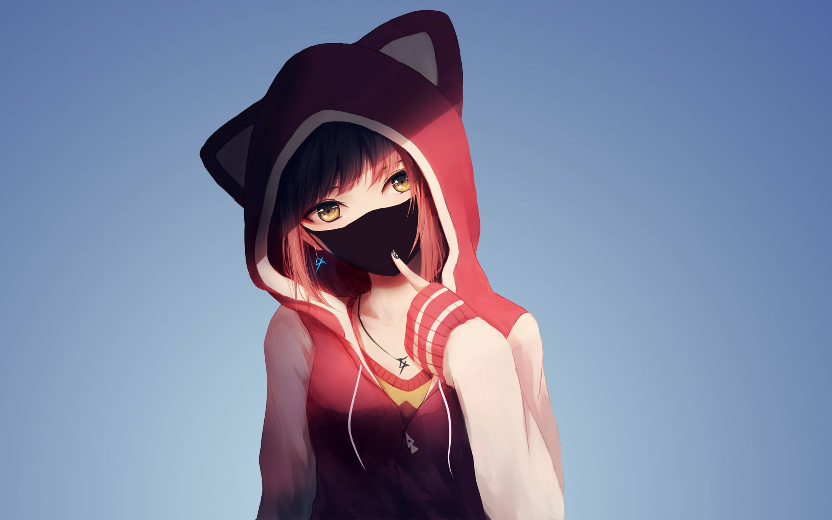 kawaii fox girl, red cat-eared hoodie, black face mask, 2K Desktop Wallpaper