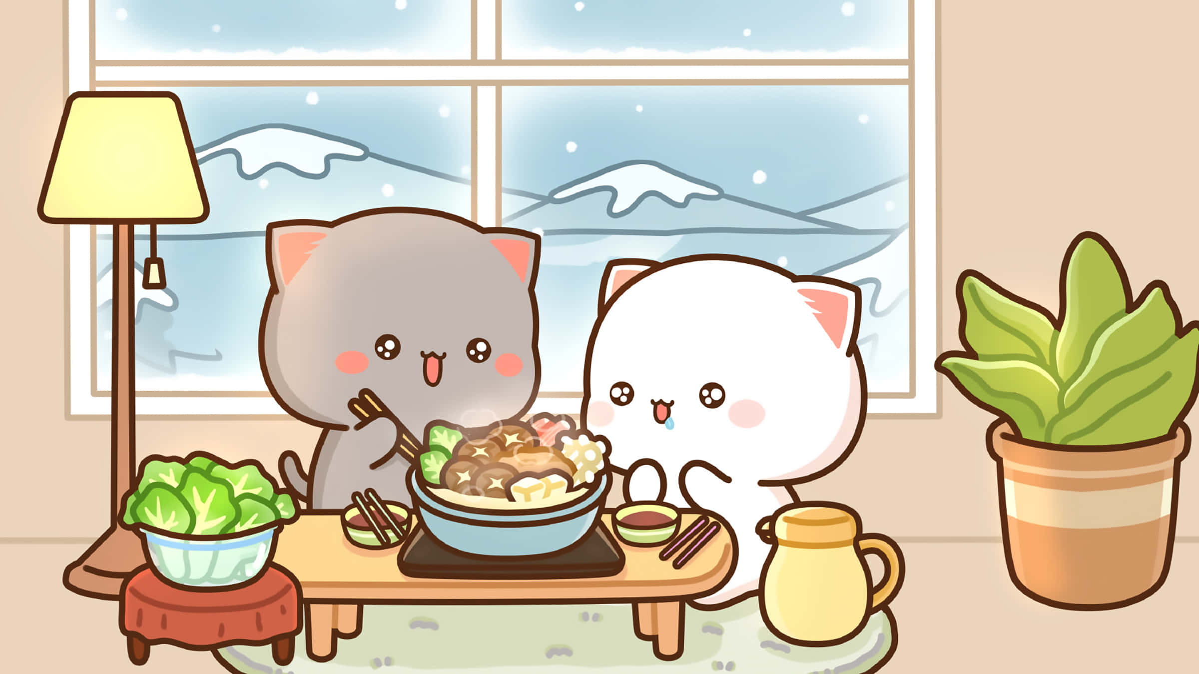 kawaii japanese, cartoon cats, ramen, Full HD Desktop Wallpaper