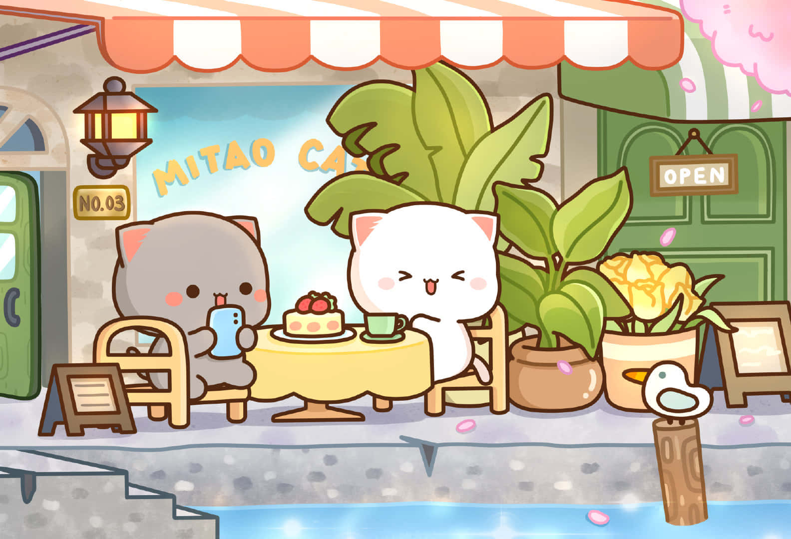 Kawaii Japanese, pink background, two cute cartoon cats, HD Desktop Wallpaper