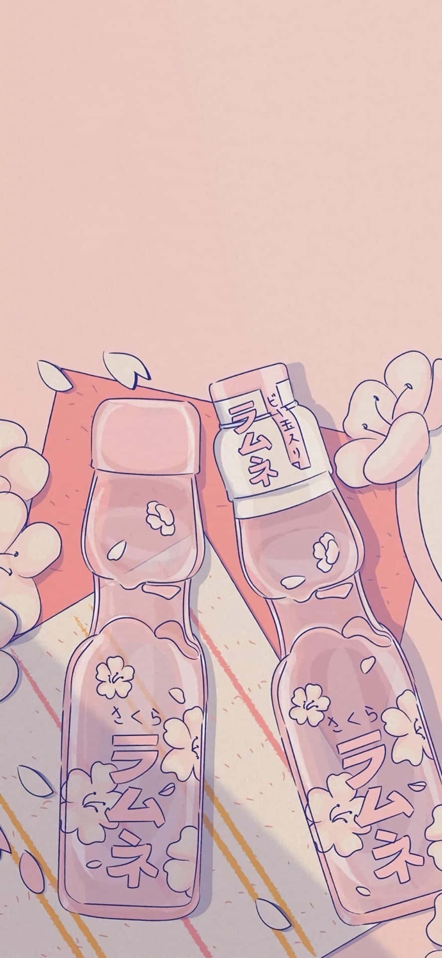 kawaii japanese, pink cherry blossom flavored Ramune bottles, pastel surface, Full HD Phone Wallpaper