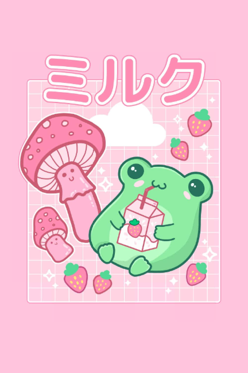 green frog, strawberry milk, pink mushrooms, HD Phone Wallpaper