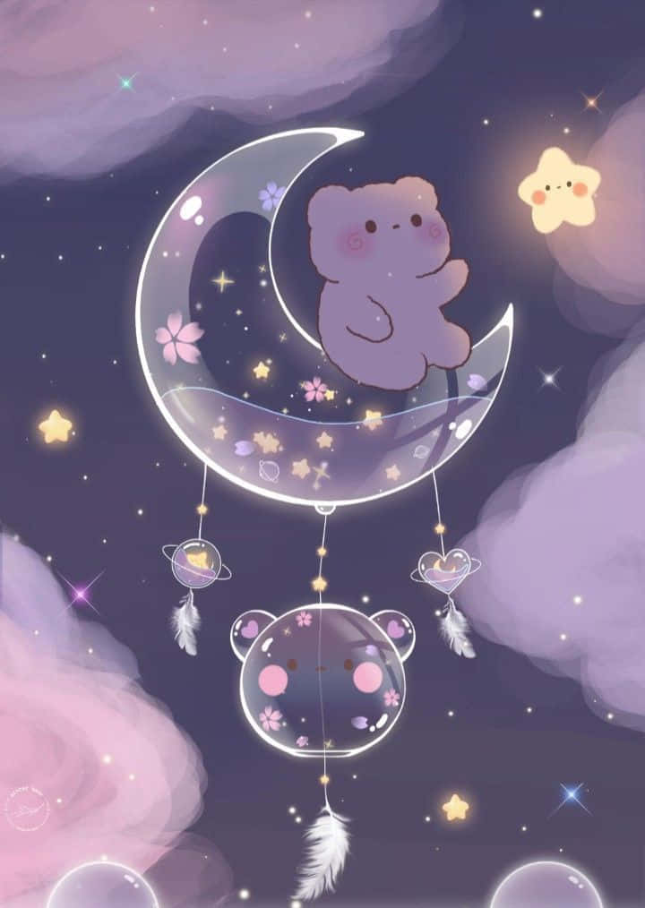 pastel bear, glowing crescent moon, stars, SD Phone Wallpaper
