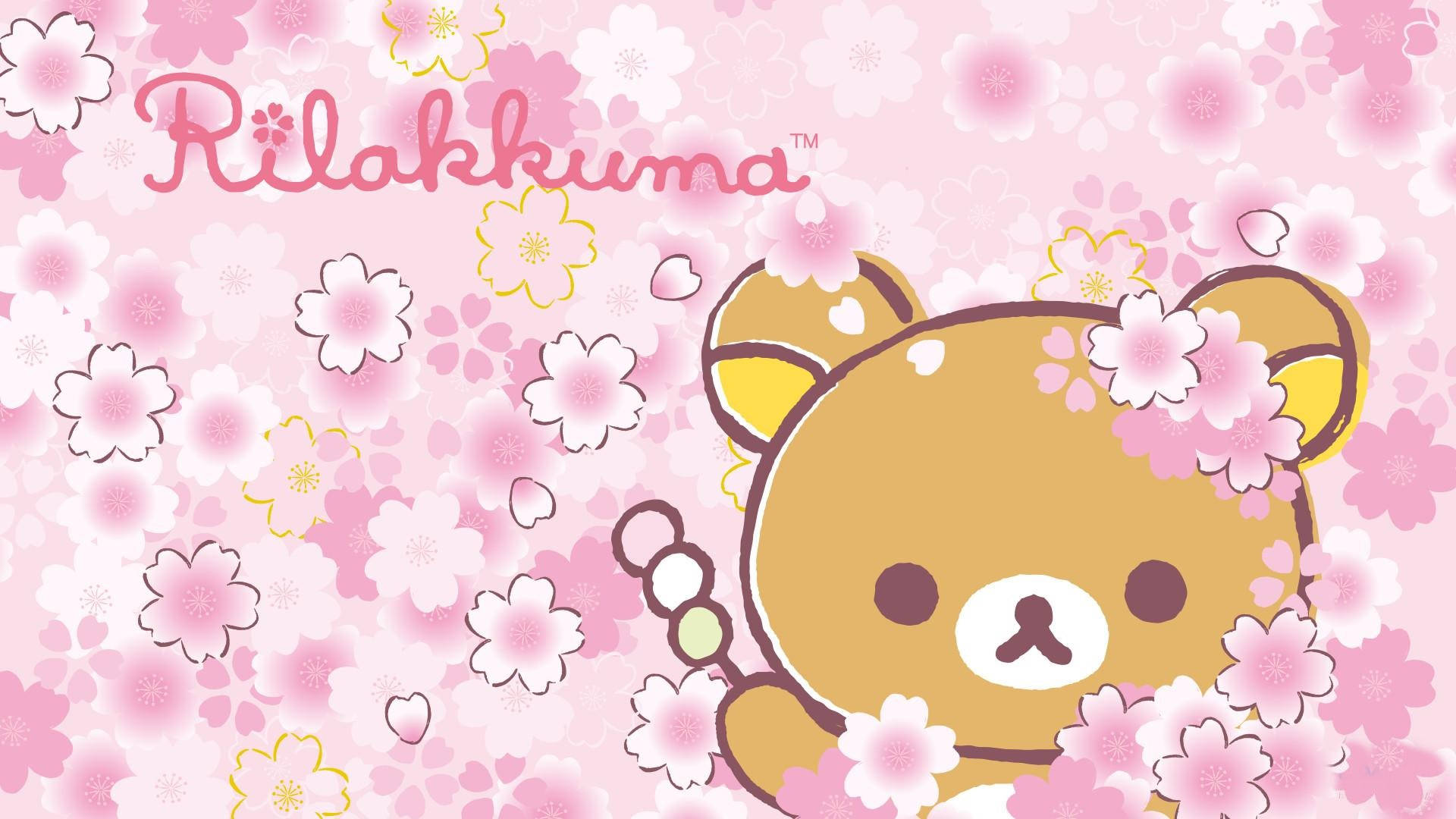 kawaii laptop, teddy bear, pink flowers, Full HD Desktop Wallpaper