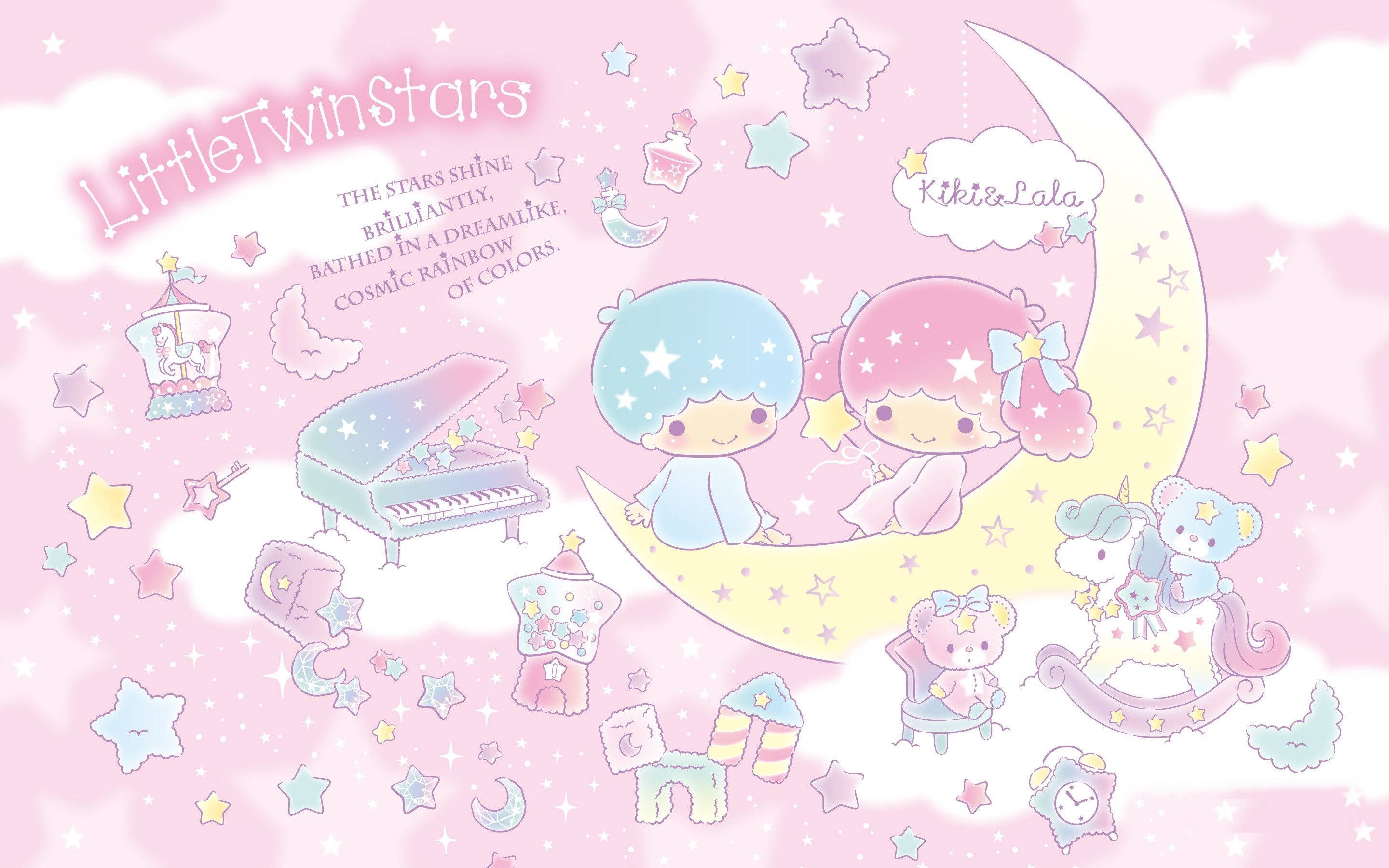 Kawaii Laptop, starry-haired twin girls, crescent moon, 2K Desktop Wallpaper