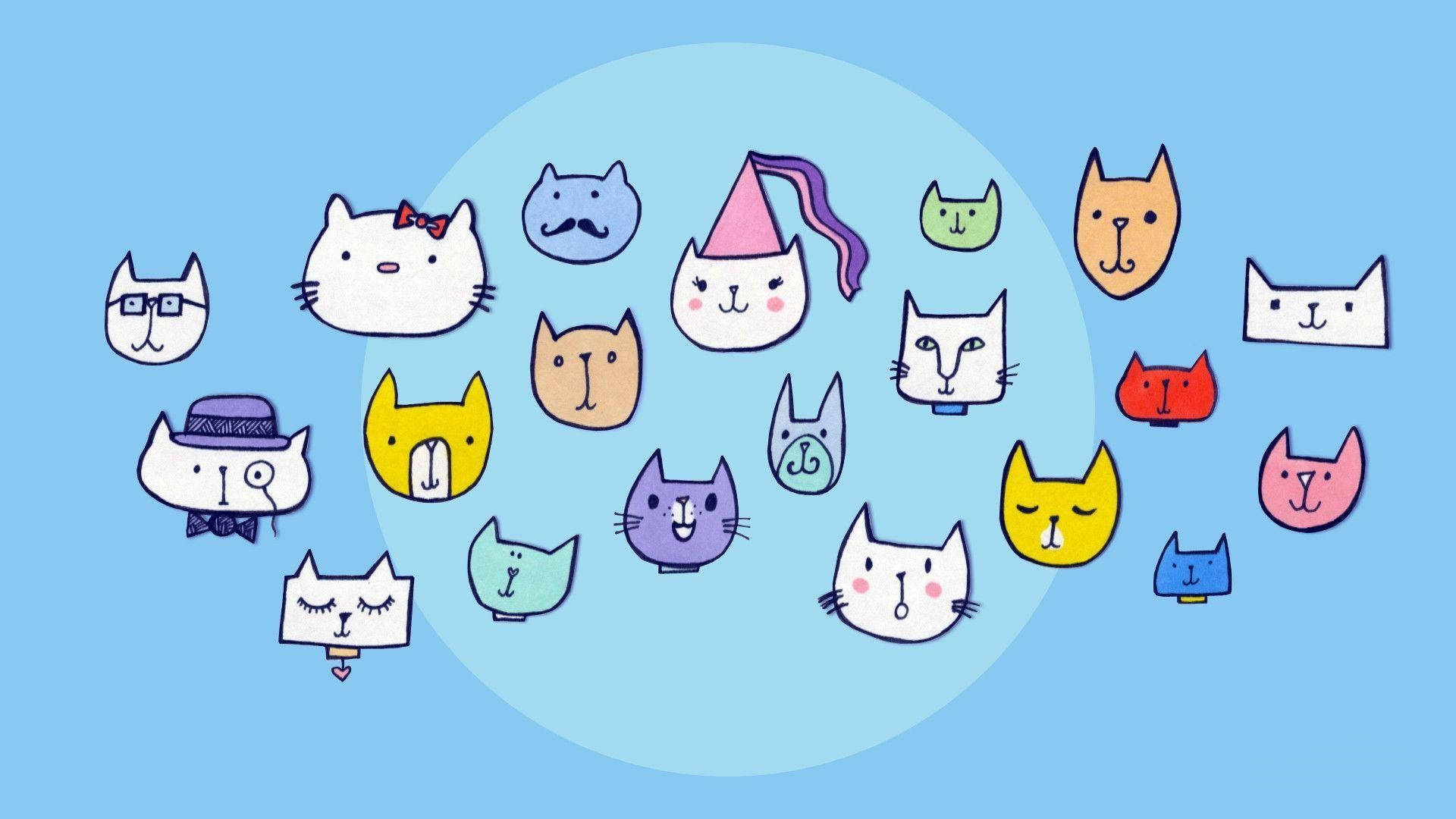 kawaii laptop, cartoon cats, circle, Full HD Desktop Wallpaper