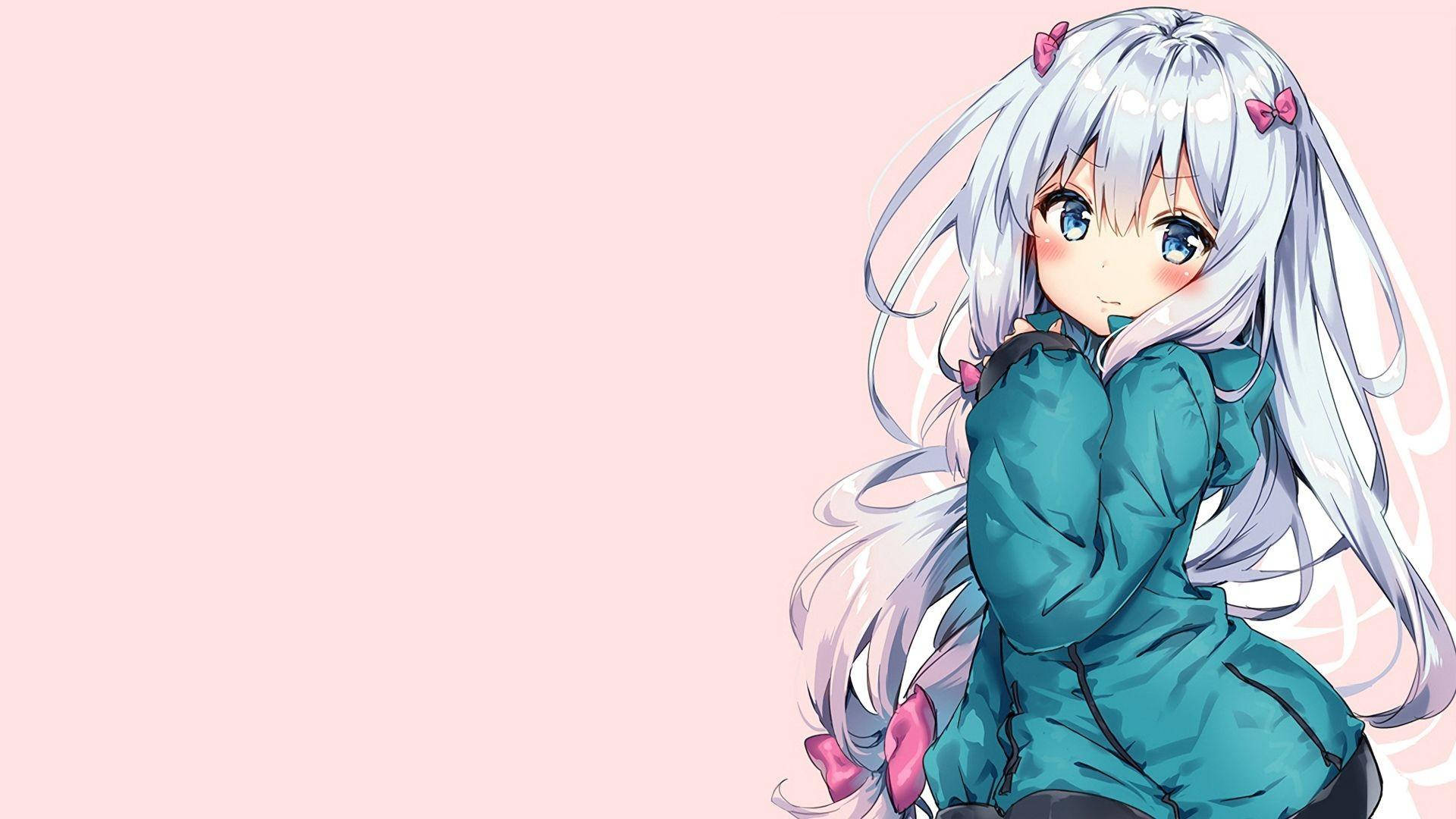 kawaii laptop, anime girl, silver hair, Full HD Desktop Wallpaper