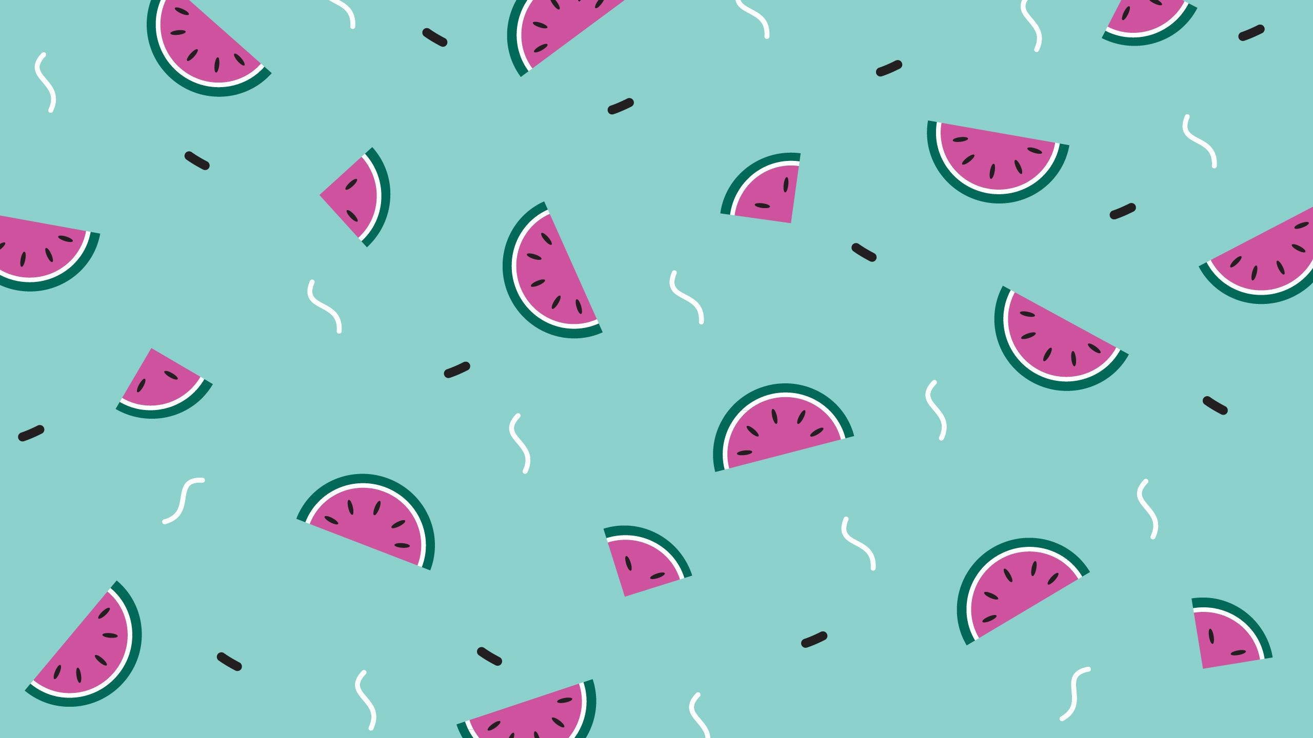 kawaii laptop, pink watermelon slices, mint green background, 2K Desktop Wallpaper
