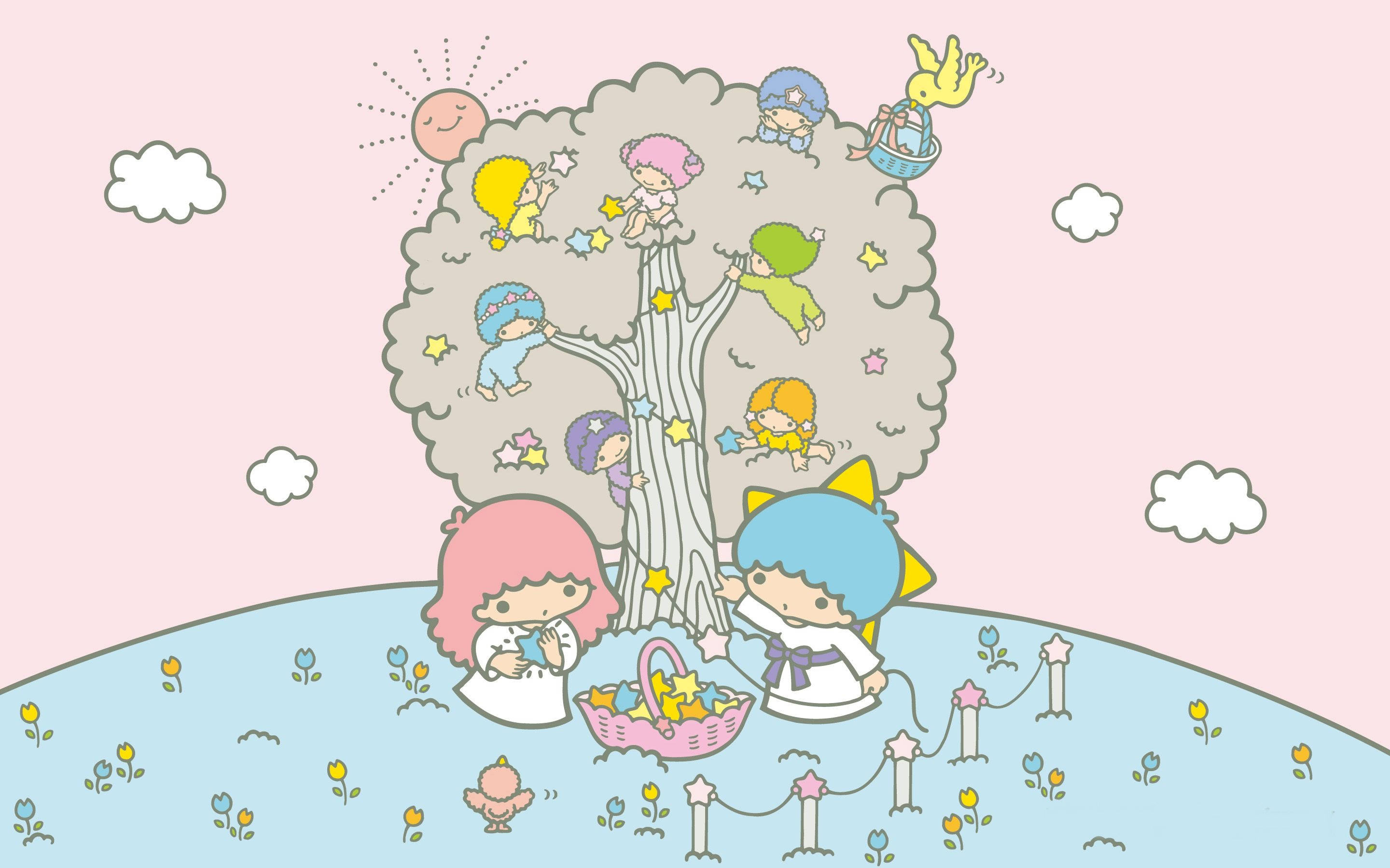 Kawaii Laptop, pastel pink sky, star-filled tree, 2K Desktop Wallpaper