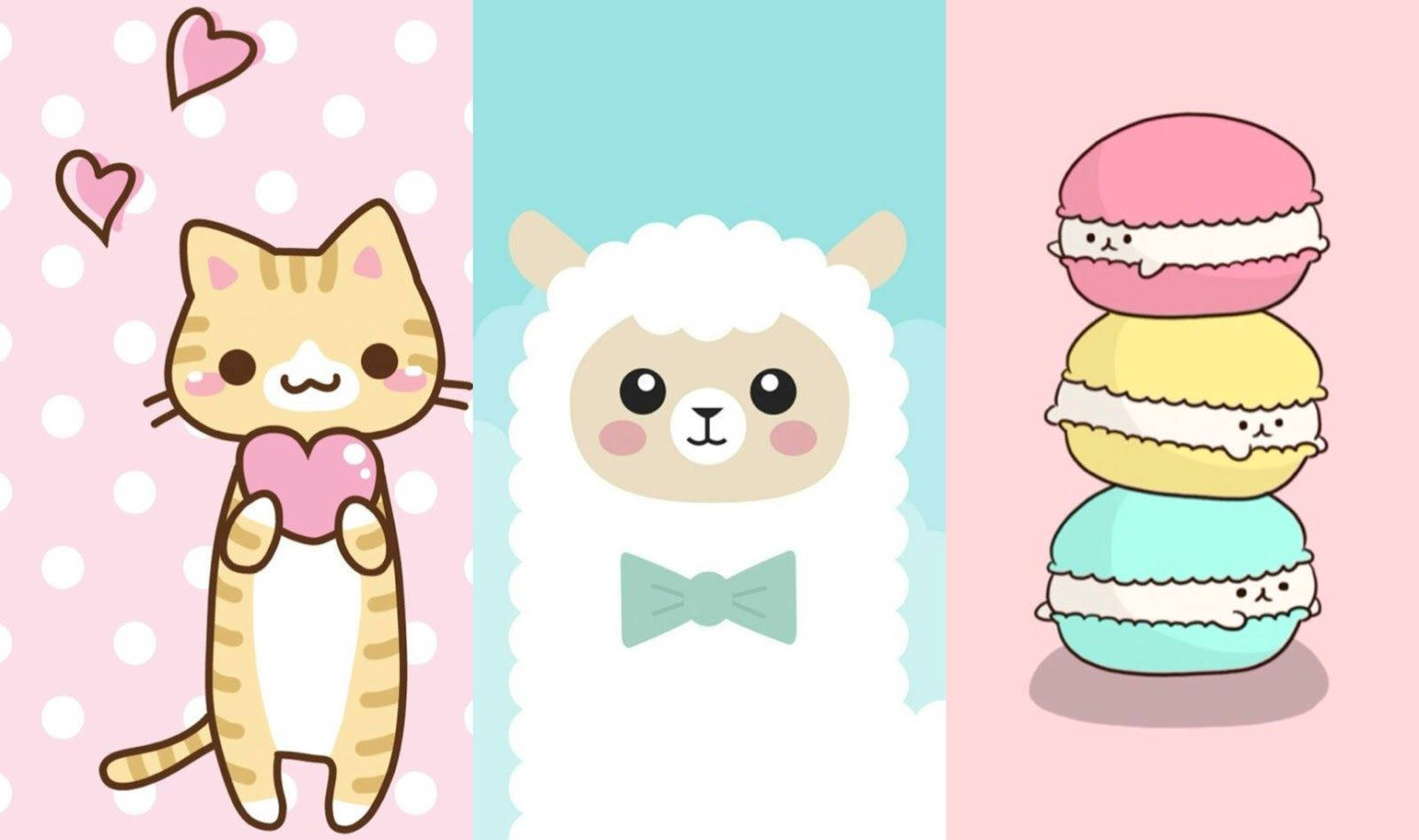 kawaii laptop, cartoon cat llama, macarons with faces, HD Desktop Wallpaper