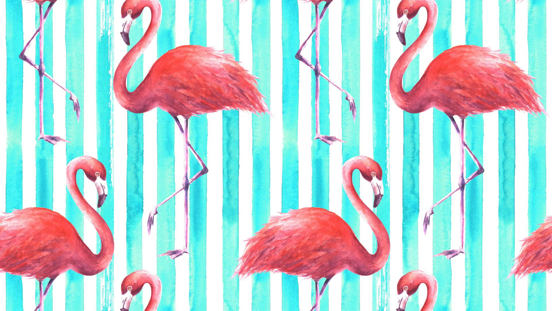 kawaii laptop, vibrant pink flamingos, bold turquoise and white striped background, Full HD Desktop Wallpaper