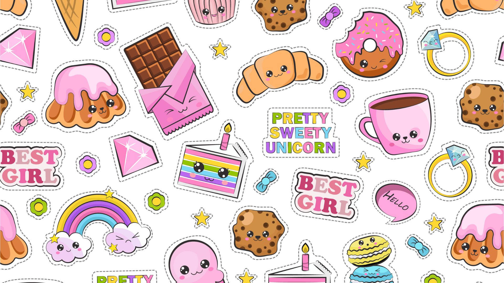 kawaii laptop, kawaii-style food, donuts, Full HD Desktop Wallpaper