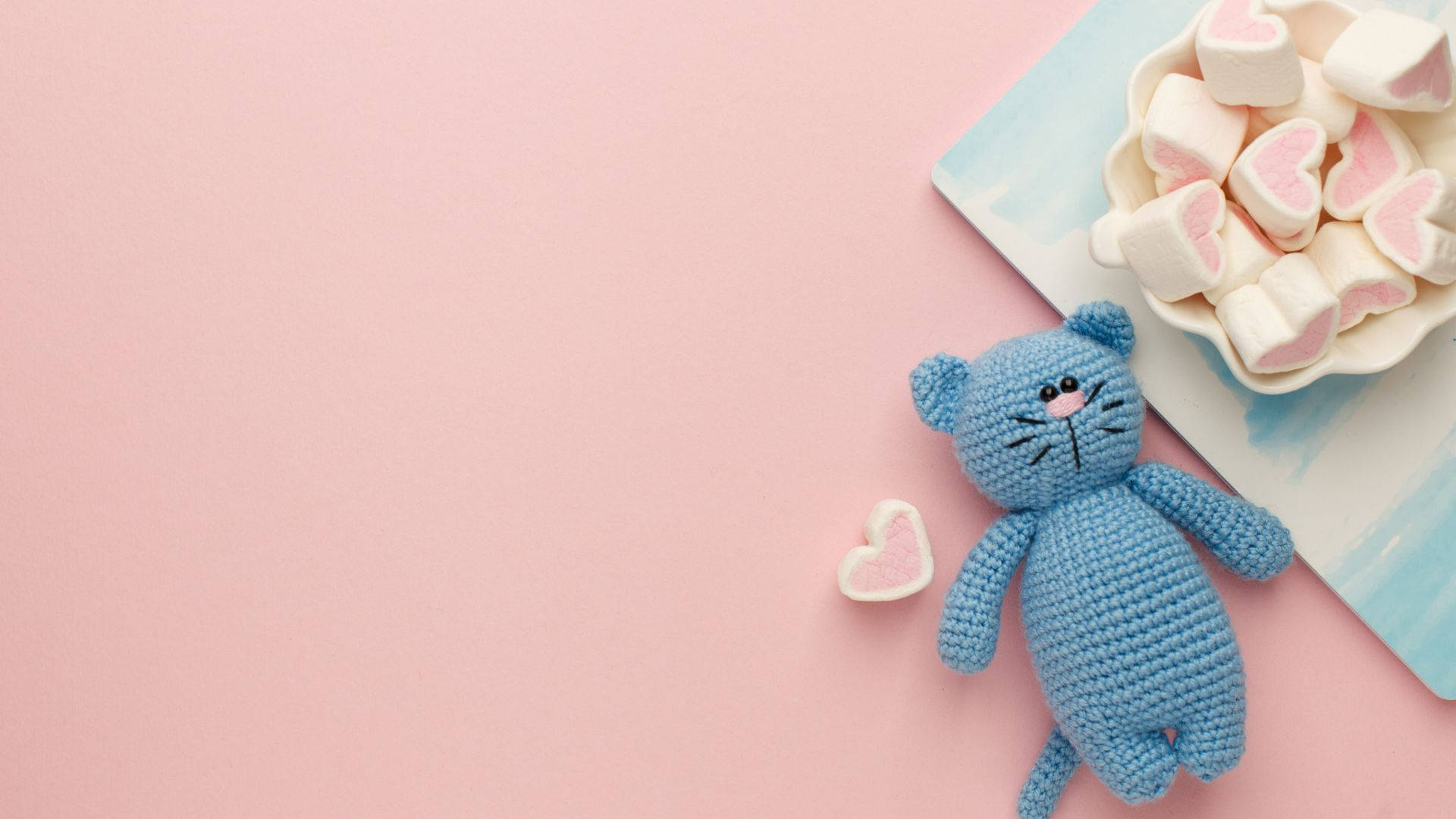 blue crochet cat, heart-shaped marshmallows, pastel pink and blue surface, Full HD Desktop Wallpaper