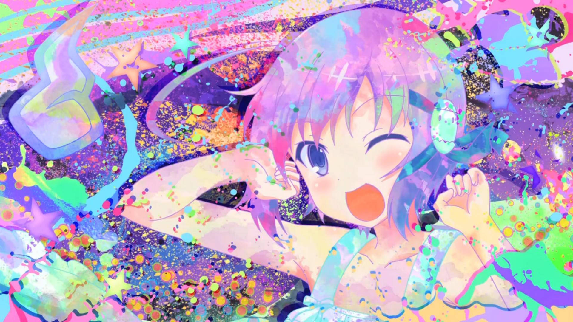 anime girl, purple hair, headphones, Full HD Desktop Wallpaper