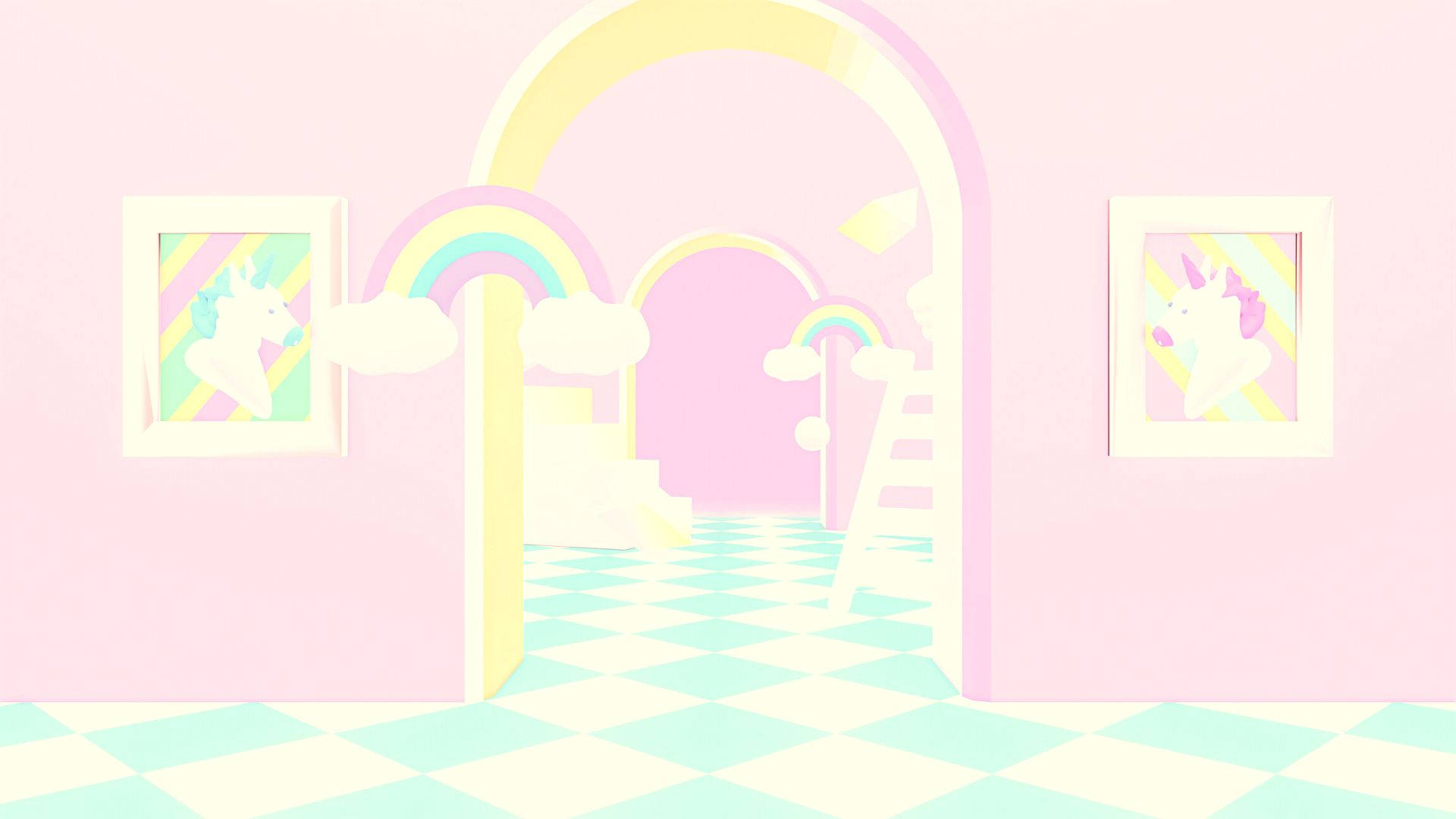 pastel pink room, checkered floor, rainbow arches, Full HD Desktop Wallpaper