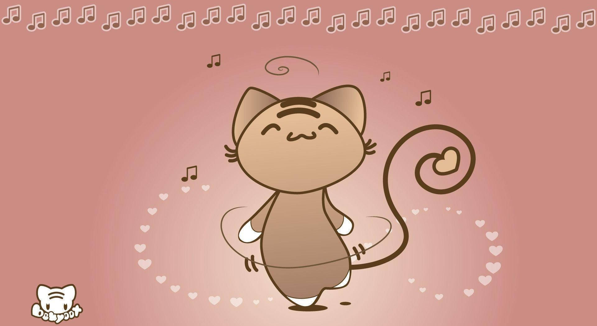 kawaii laptop, cartoon cat, hearts, Full HD Desktop Wallpaper
