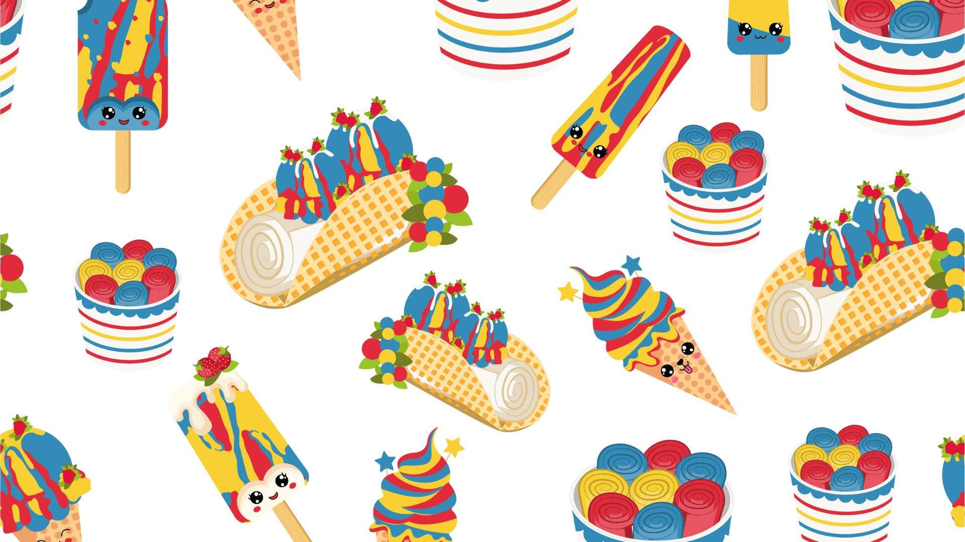 kawaii laptop, colorful cartoon ice cream treats, cute faces, Full HD Desktop Wallpaper