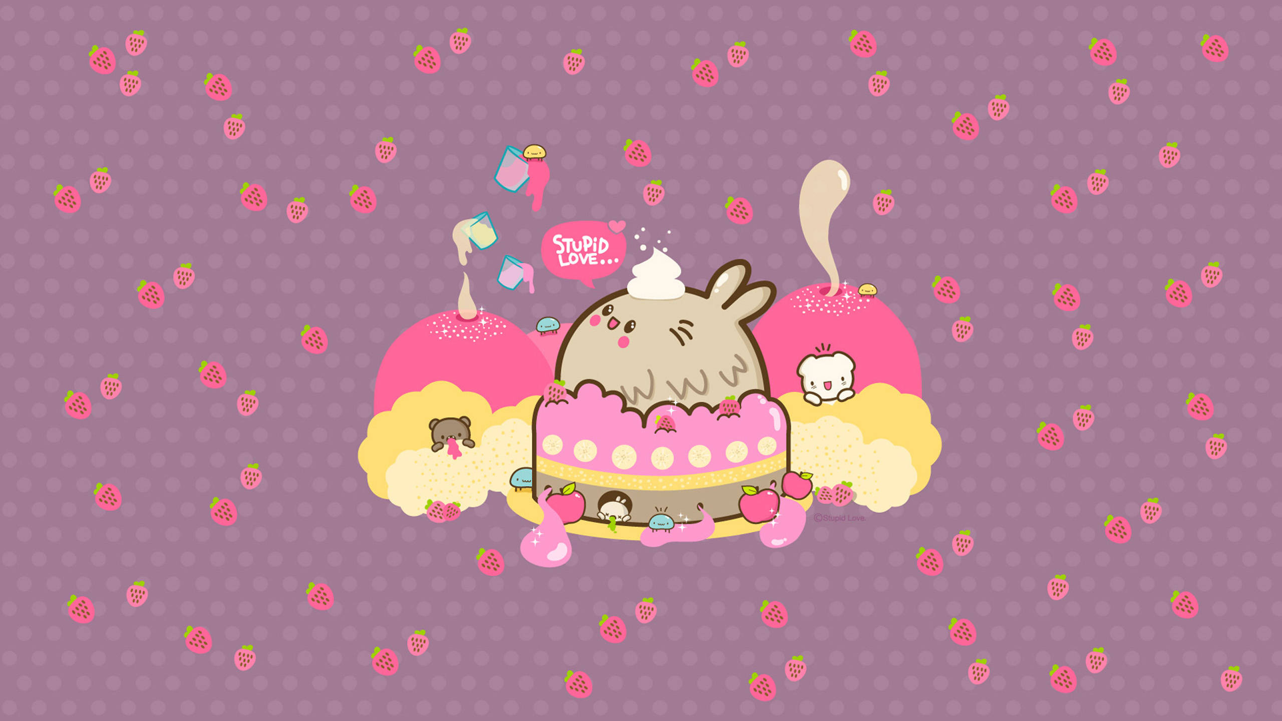 kawaii laptop, cartoon bunny, giant pink strawberry cake, 2K Desktop Wallpaper