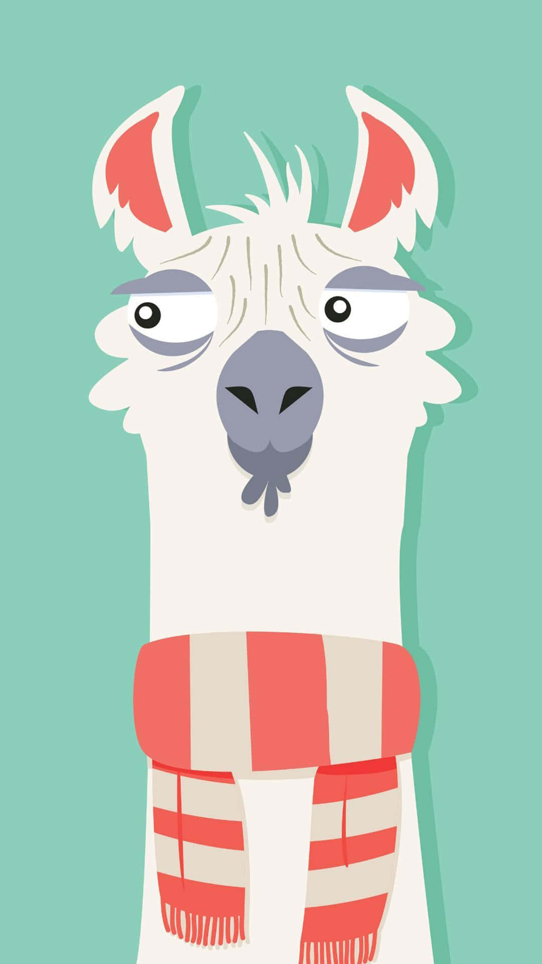 Kawaii Llama, red and white striped scarf, teal background, Full HD Phone Wallpaper