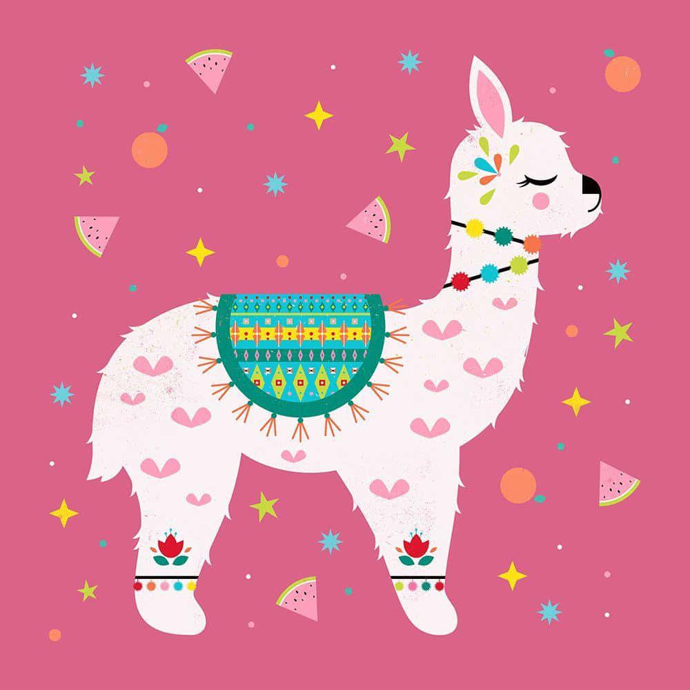 Kawaii Llama, unicorn horn, rainbow background, SD Desktop Wallpaper