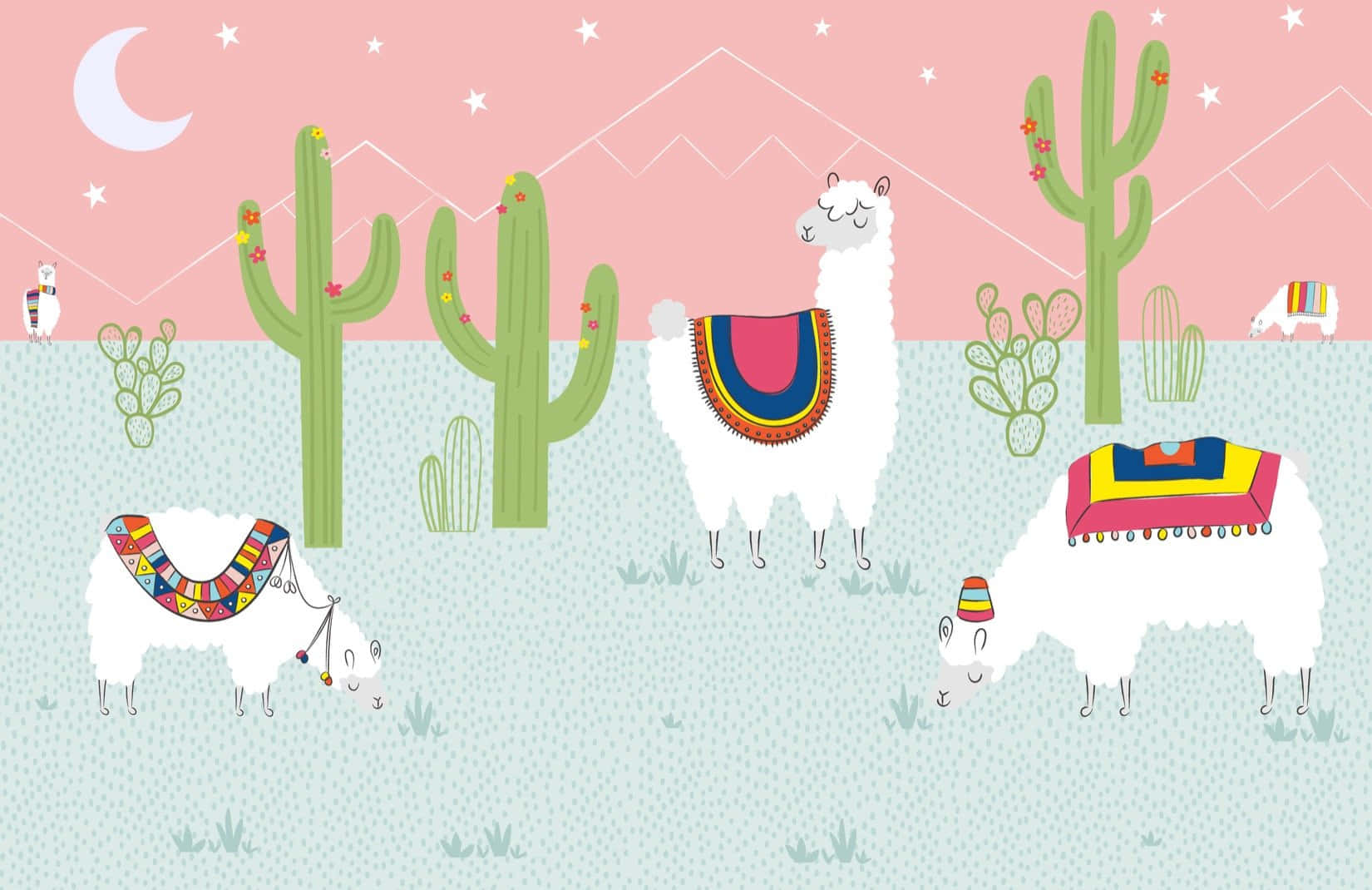 Kawaii Llama, pink night sky, crescent moon, HD Desktop Wallpaper