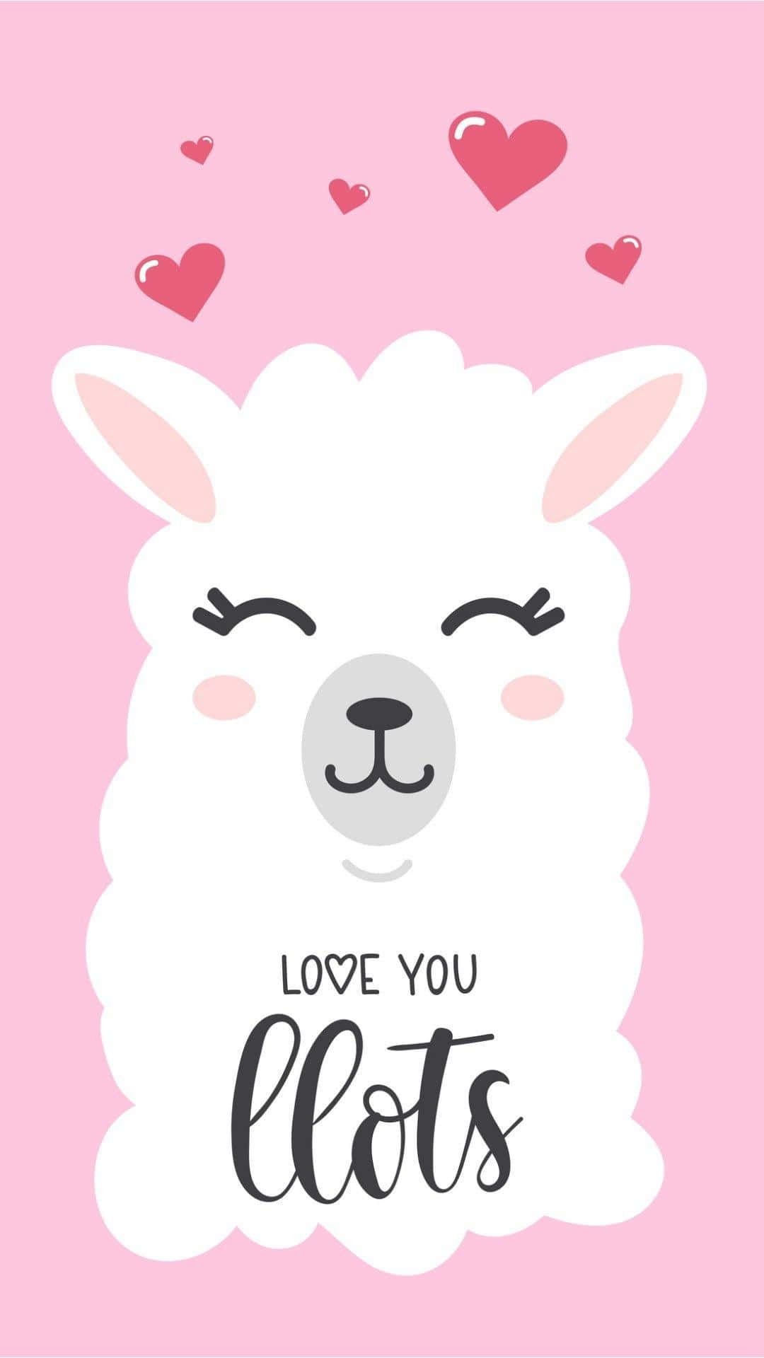 cute llama, white cartoon alpaca, pink hearts, Full HD Phone Wallpaper