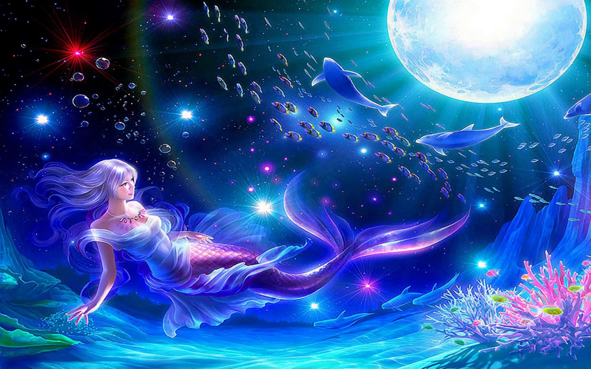 Kawaii Mermaid, silver hair, giant moon, Full HD Desktop Wallpaper