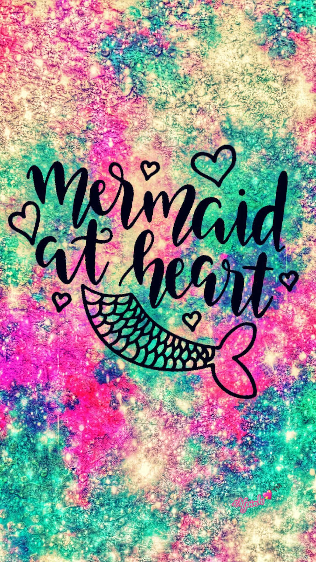 kawaii mermaid, glittery background, black cursive text 'mermaid at heart', Full HD Phone Wallpaper