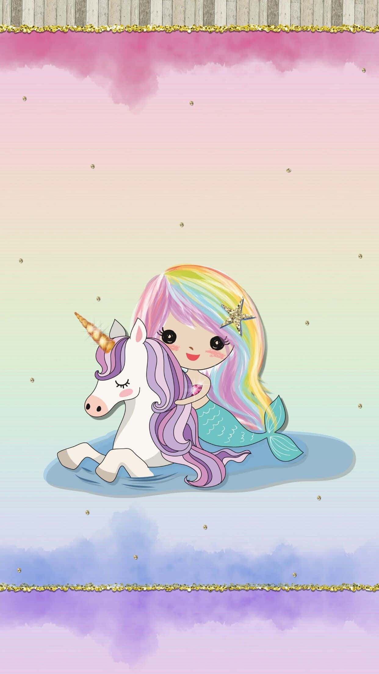 kawaii mermaid, rainbow hair, unicorn, Full HD Phone Wallpaper