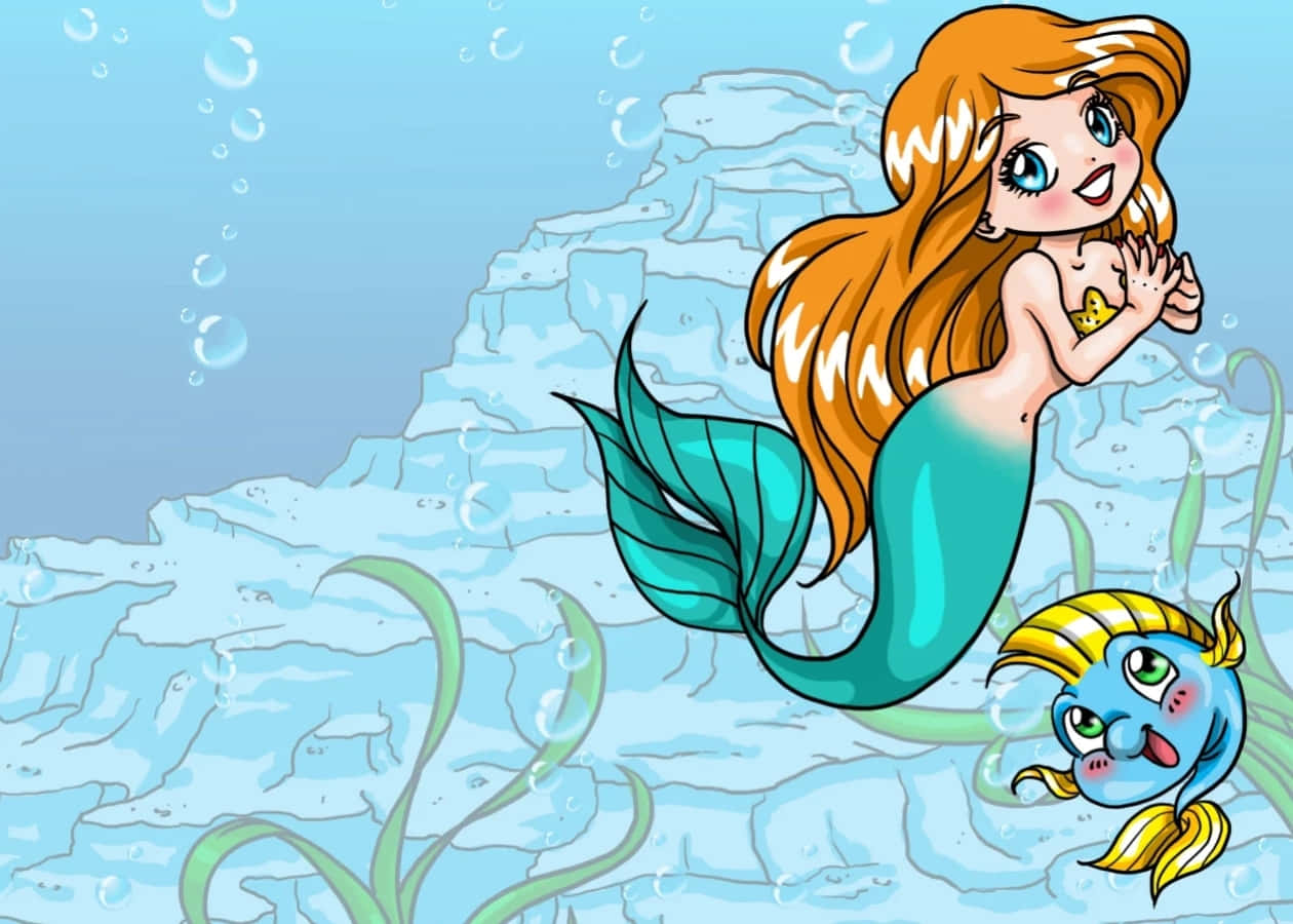 kawaii mermaid, orange hair, teal tail, SD Desktop Wallpaper