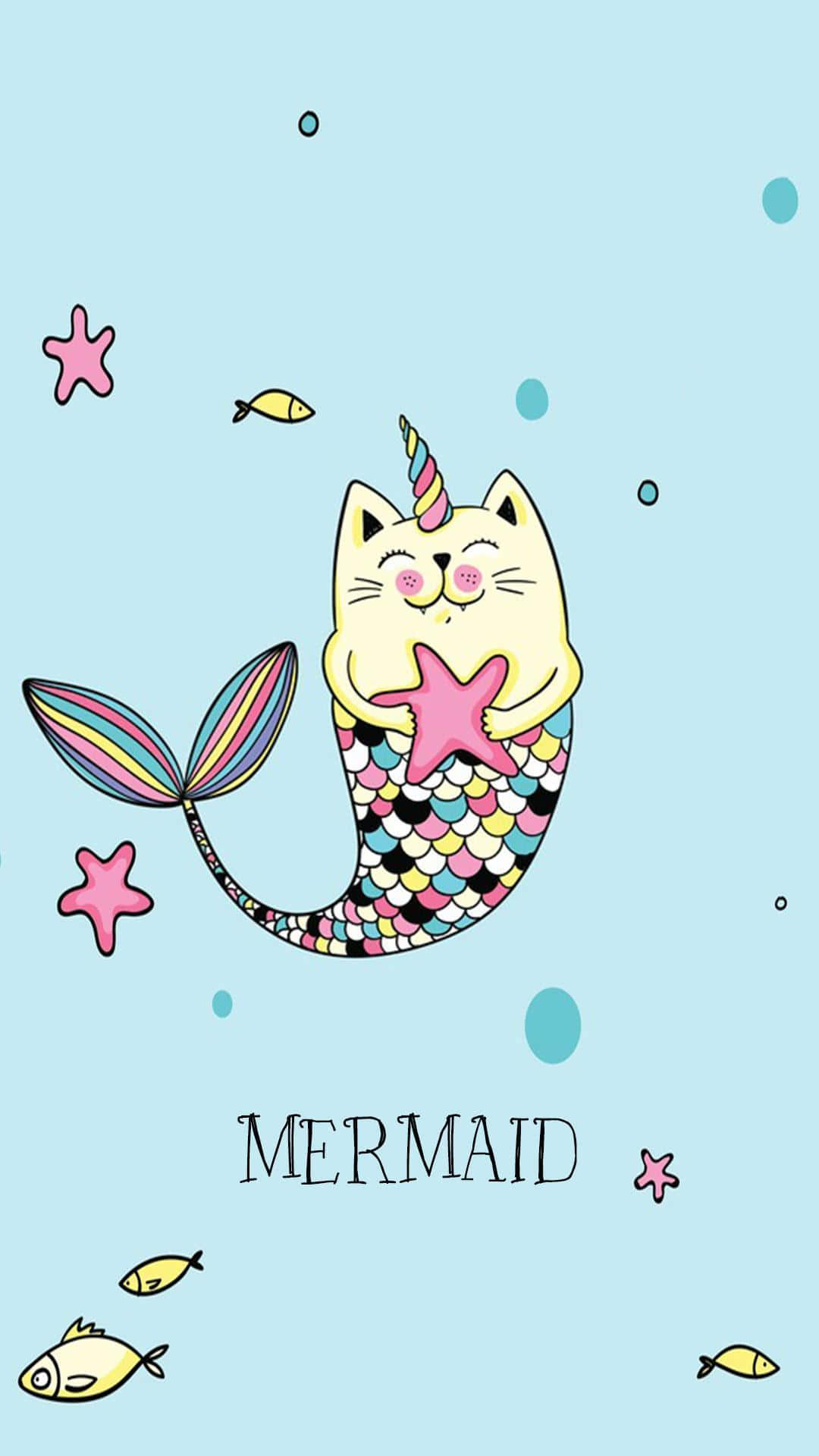 kawaii mermaid, cartoon cat mermaid, rainbow tail, Full HD Phone Wallpaper