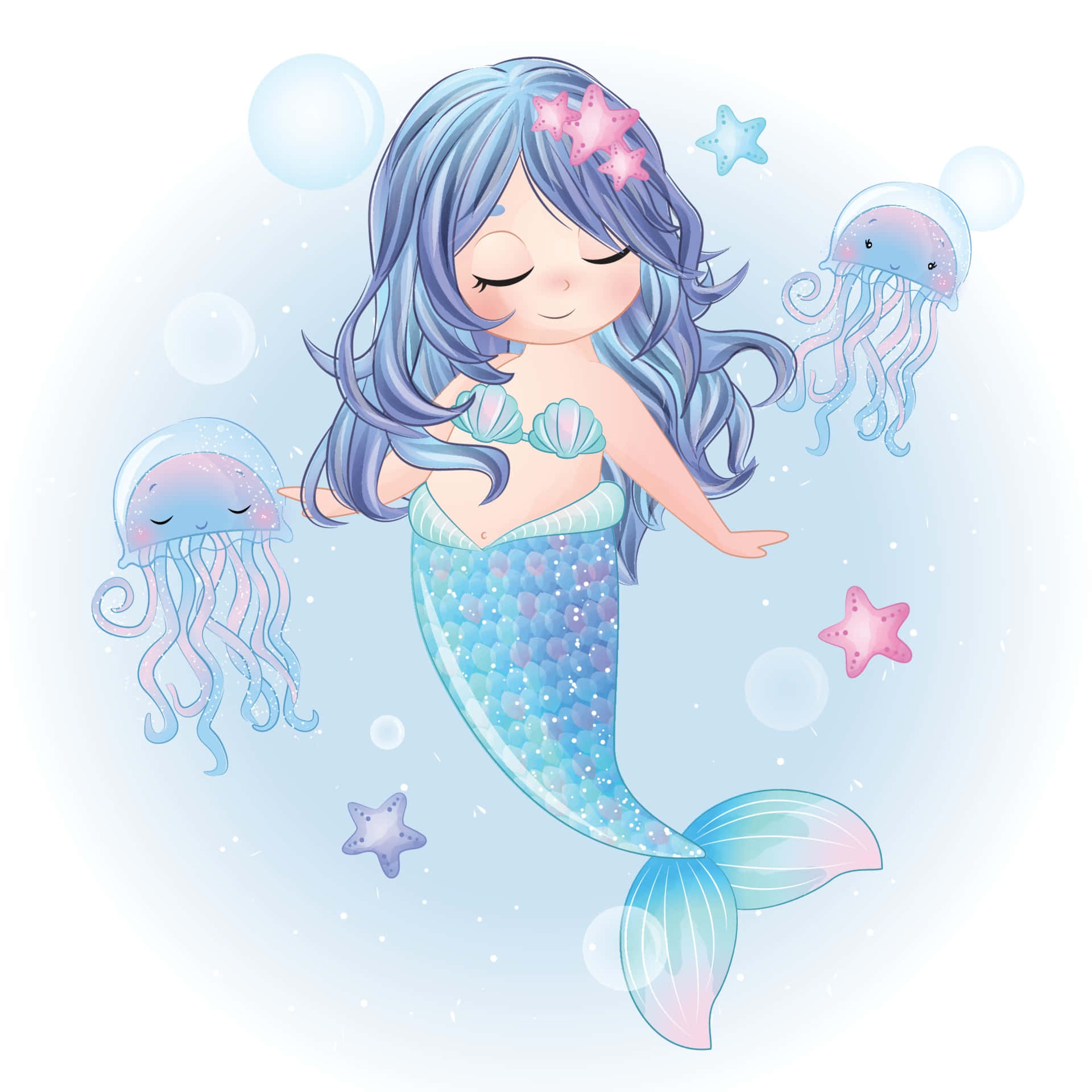Kawaii Mermaid, blue hair, shimmering tail, Full HD Desktop Wallpaper